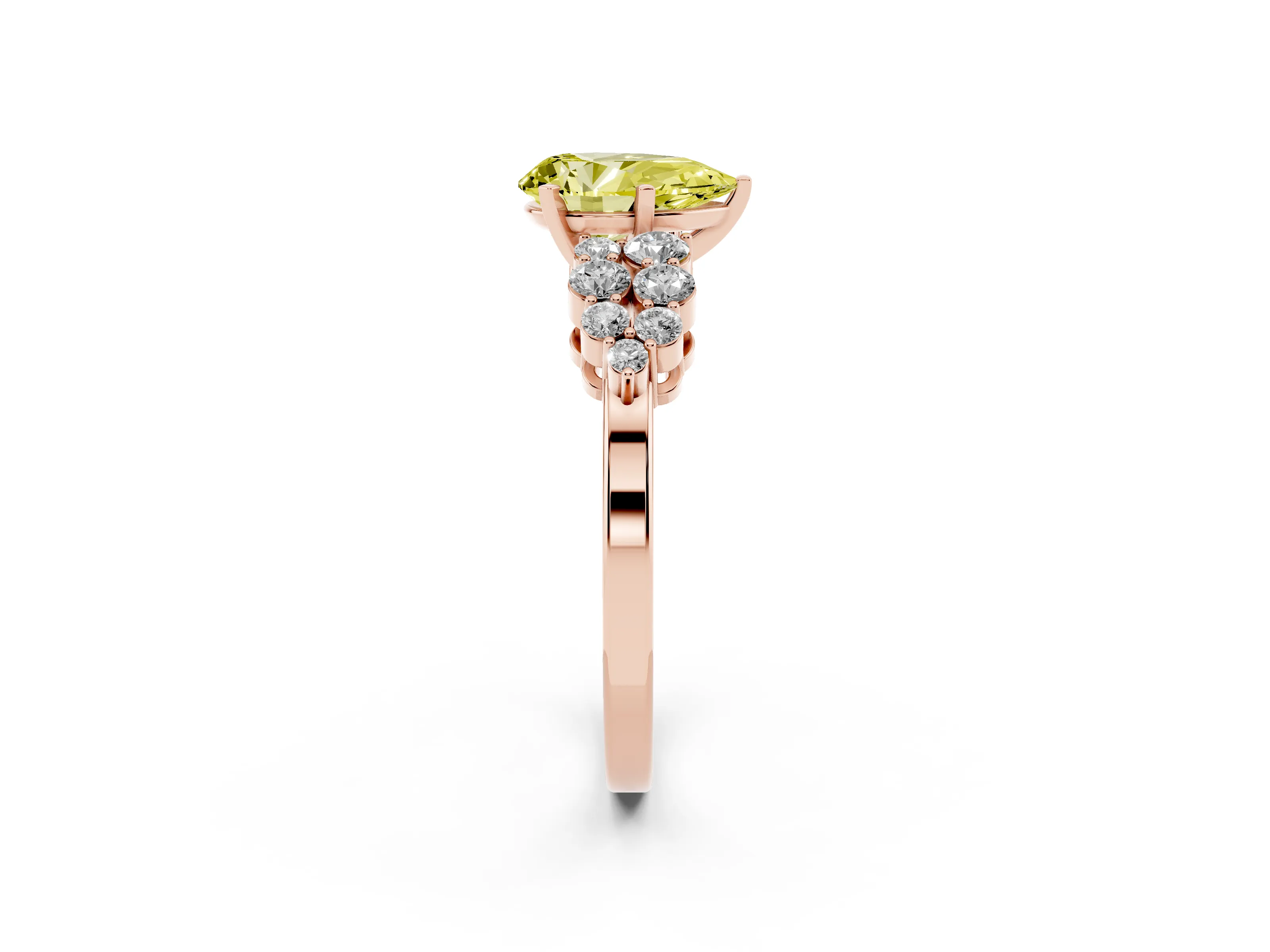 Fancy Yellow Pear Cut Diamond Cluster Engagement Ring Set in Rose gold with Pavé Band and Prong Setting