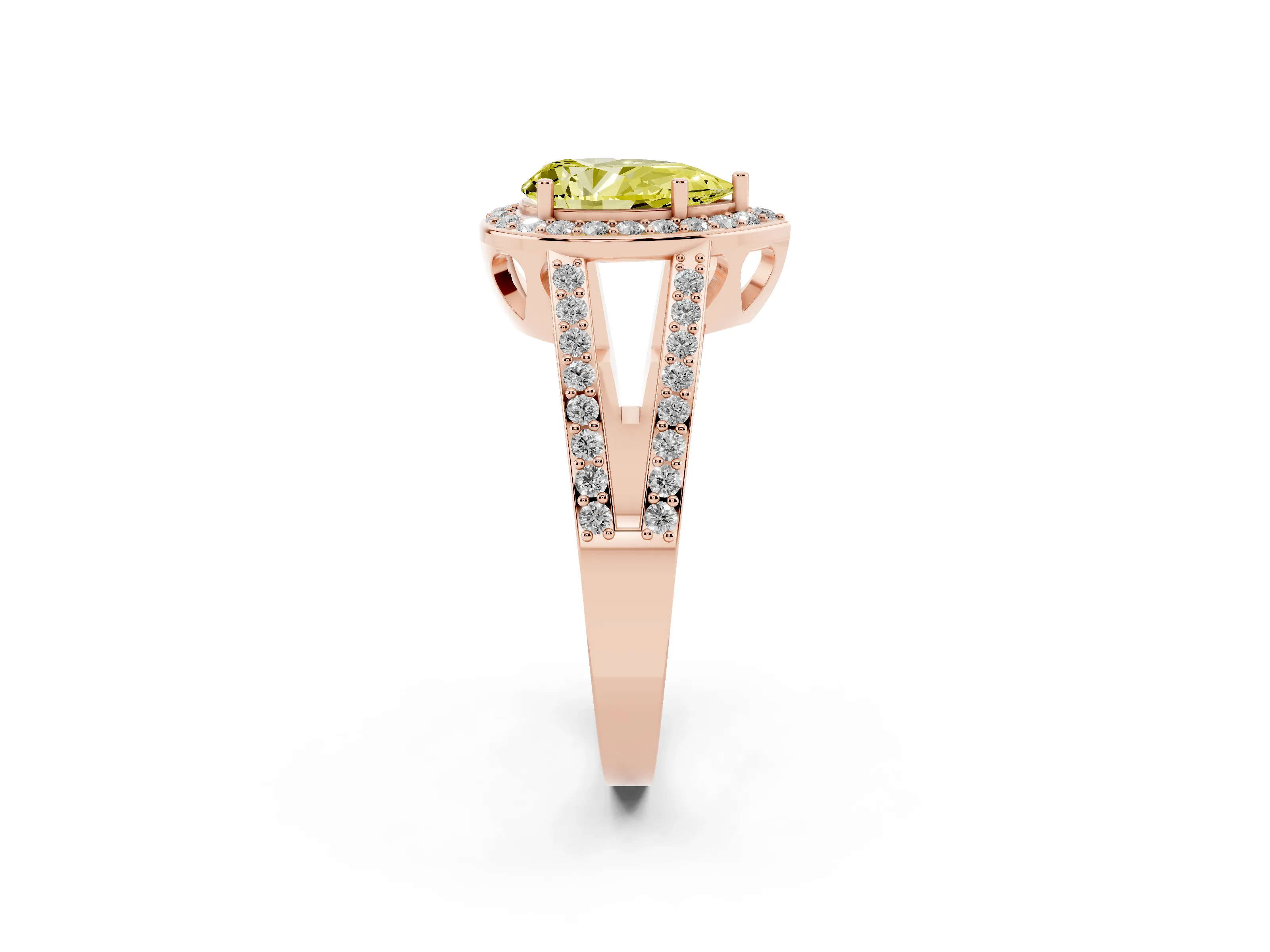 Fancy Yellow Pear Cut Diamond Halo Ring Set in Rose gold with U-Prong Split Shank and Prong Setting