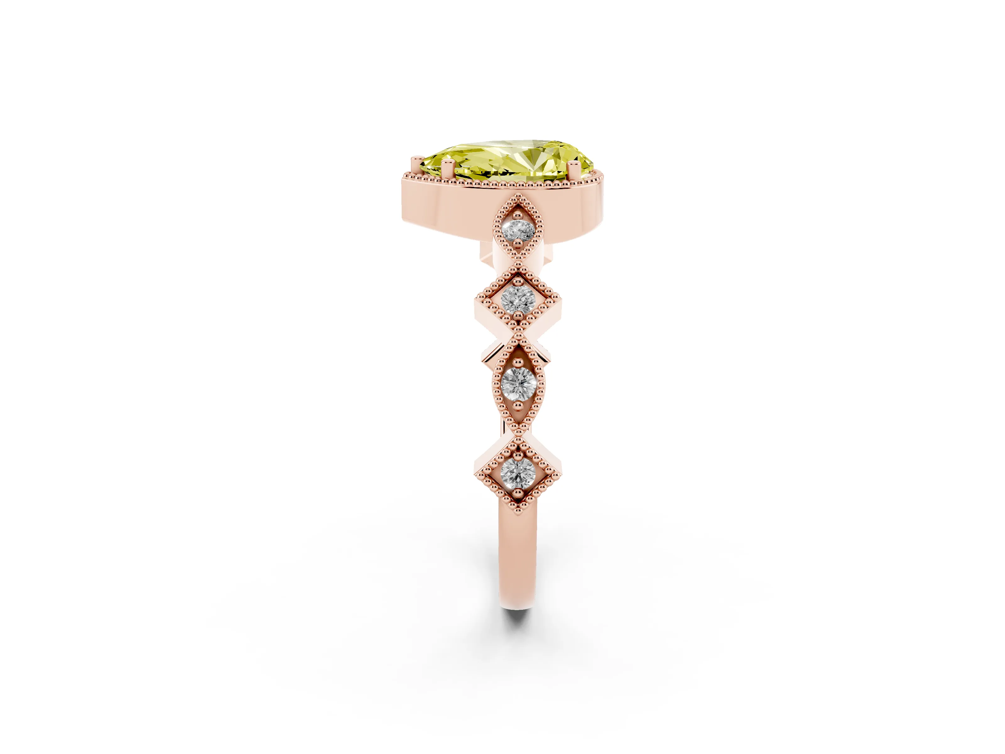 Fancy Yellow Pear Cut Diamond Milgrain Marquise Twist Band Ring Set in Rose gold with Prong Setting