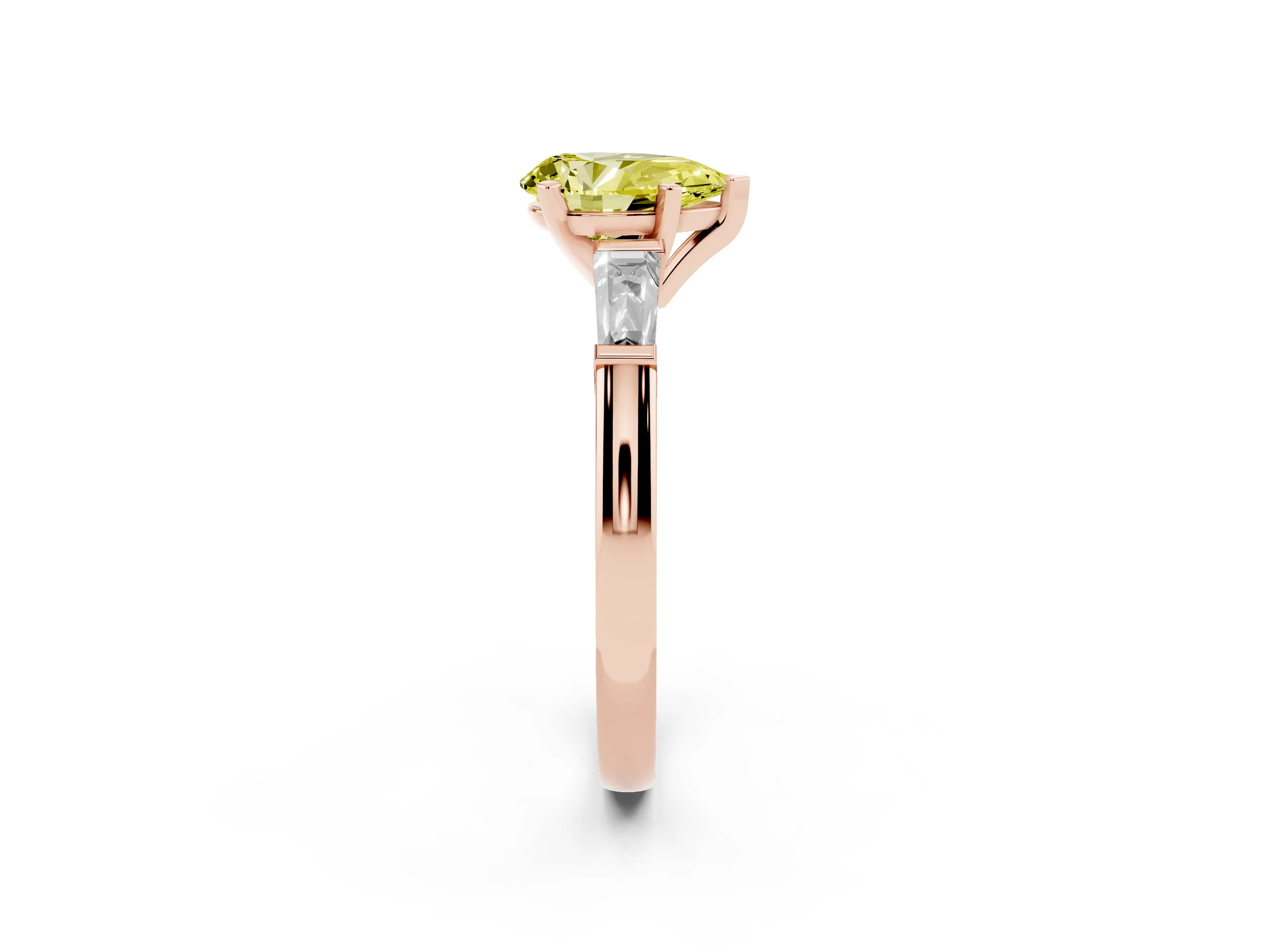 Fancy Yellow Pear Cut Diamond Solitaire Ring Set in Rose gold with Tapered Baguette Side Stones and Prong Setting