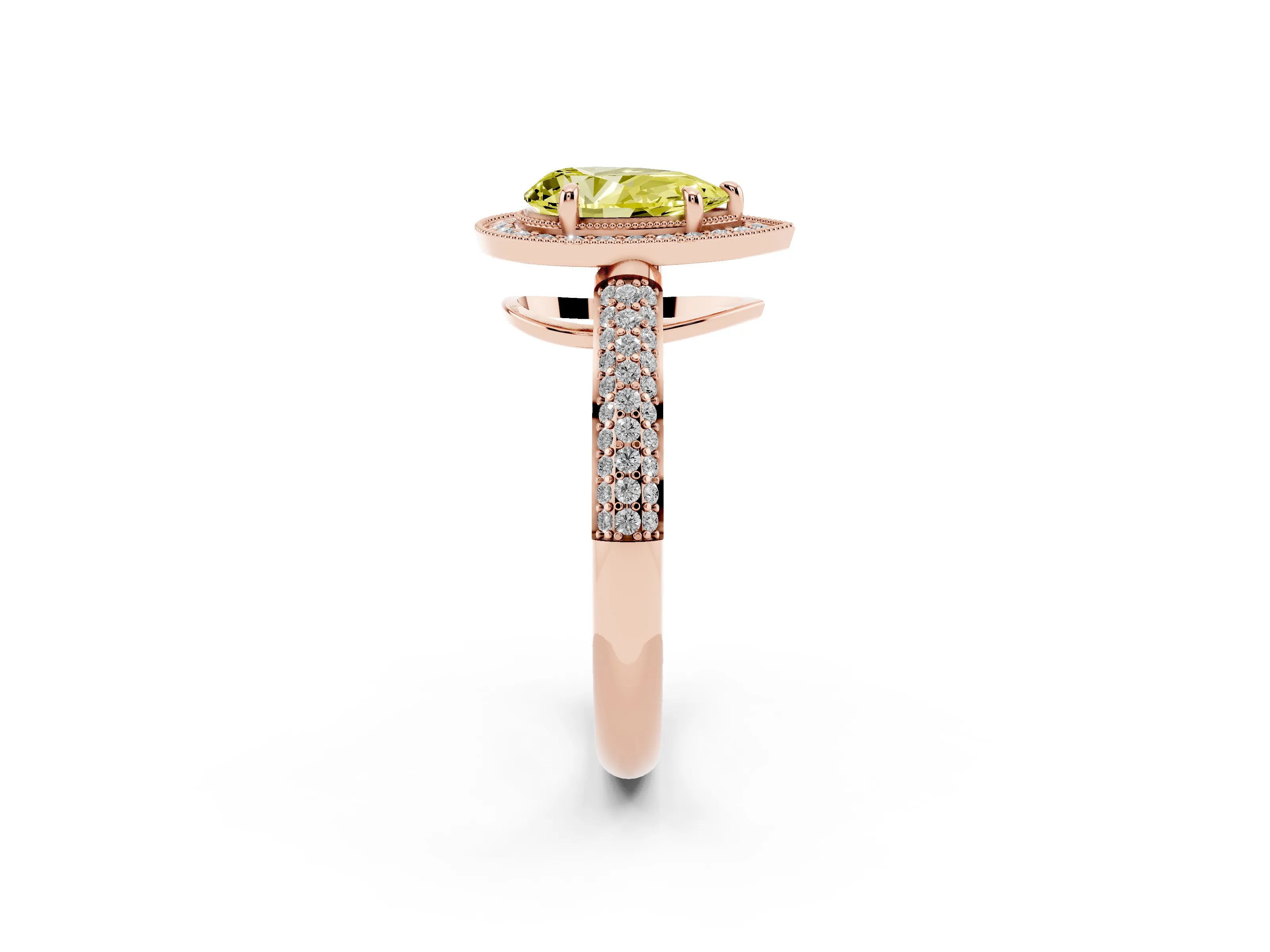 Fancy Yellow Pear Cut Diamond Halo Pavé Band Set in Rose gold with Prong Setting