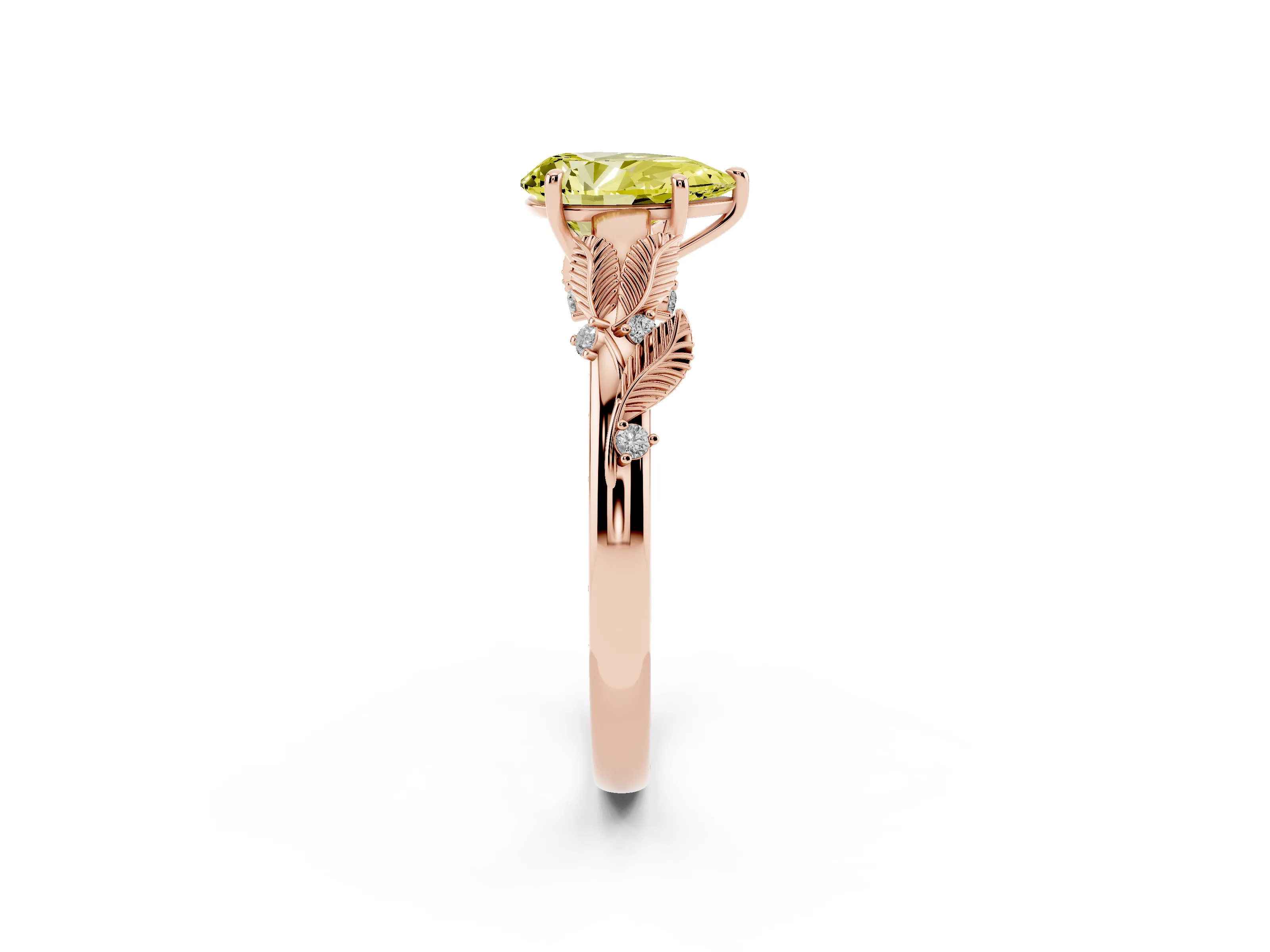 Fancy Yellow Pear Cut Diamond Solitaire Ring Set in Rose gold with Leaf Motif Band