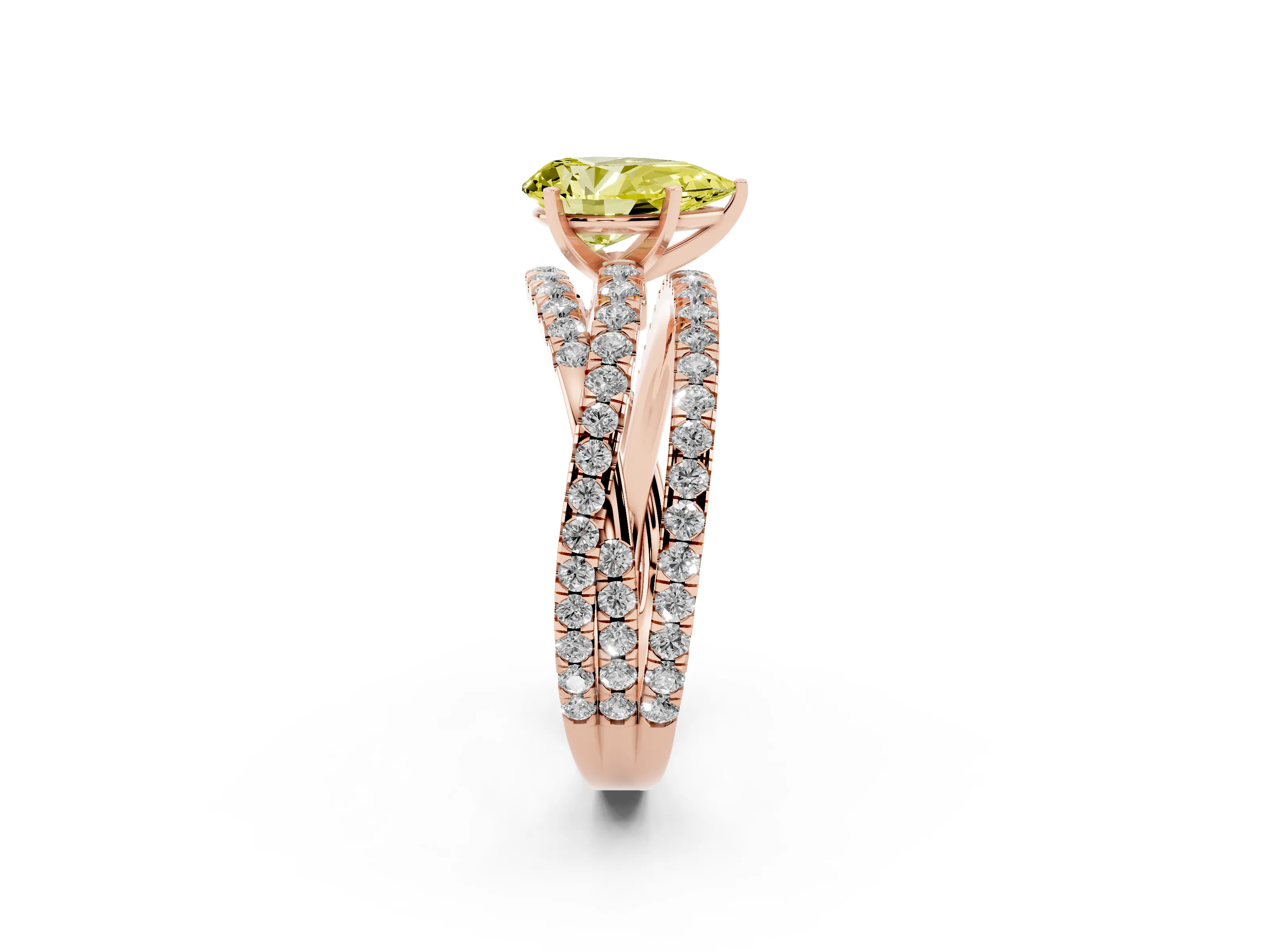 Fancy Yellow Pear Cut Diamond Solitaire Twist Band Ring Set in Rose gold with Pavé Setting and Prong Head