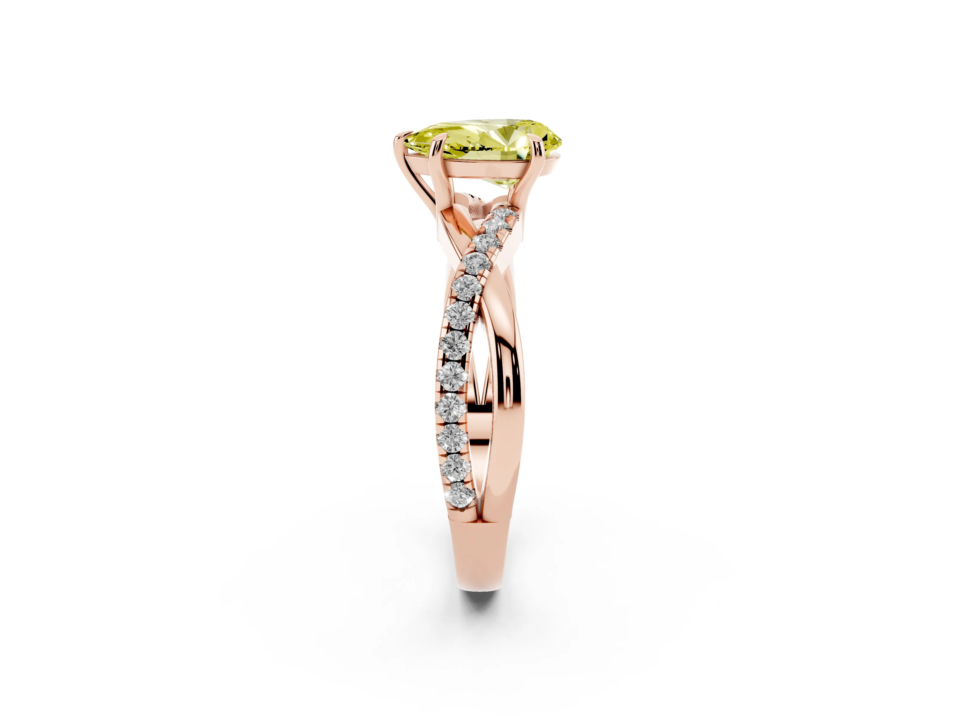 Fancy Yellow Pear Cut Diamond Twisted Pavé Band Ring Set in Rose gold with Prong Setting