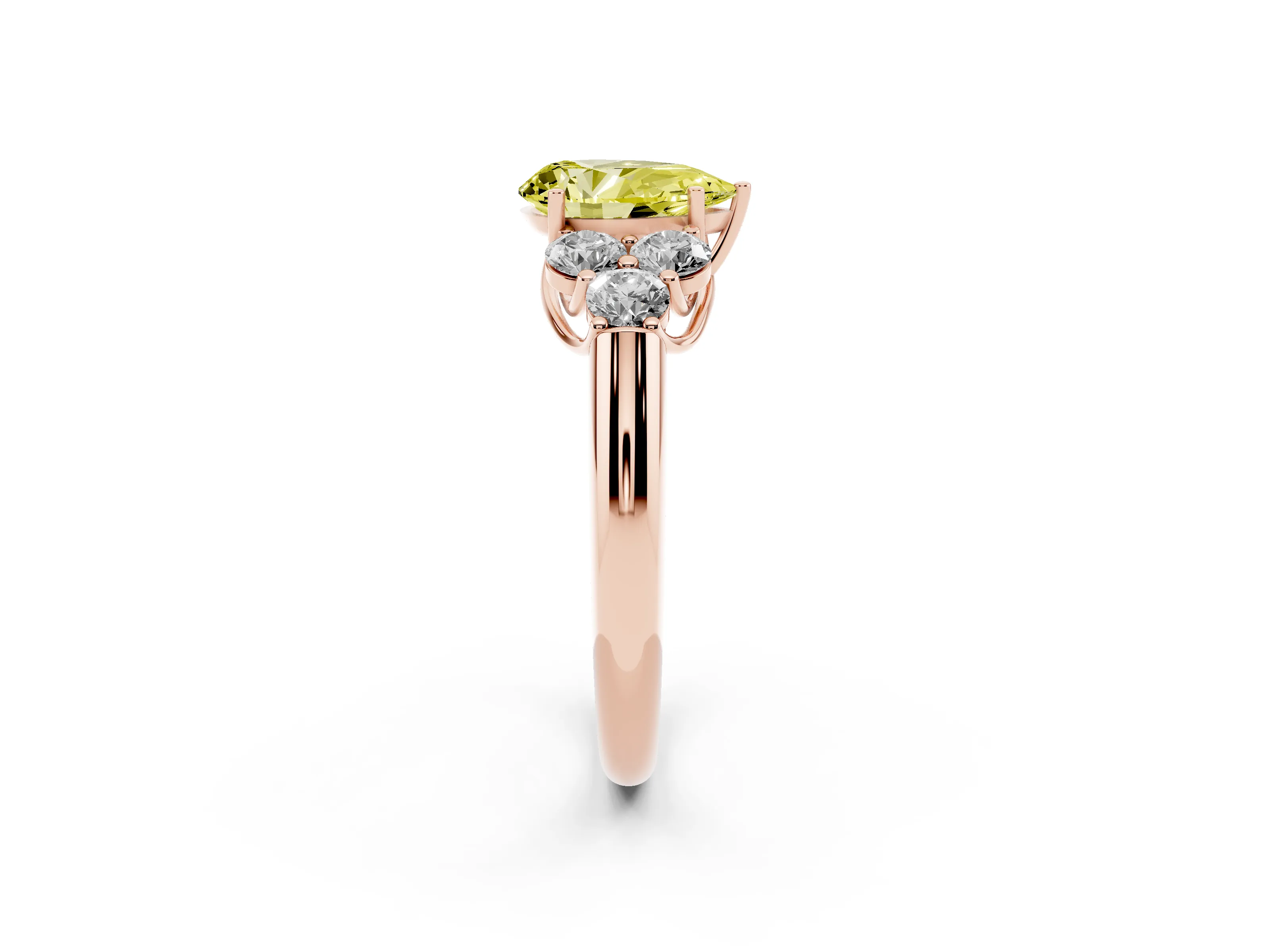 Fancy Yellow Pear Cut Diamond Cluster Ring Set in Rose gold with Round Accent Stones and Prong Setting on a Plain Band