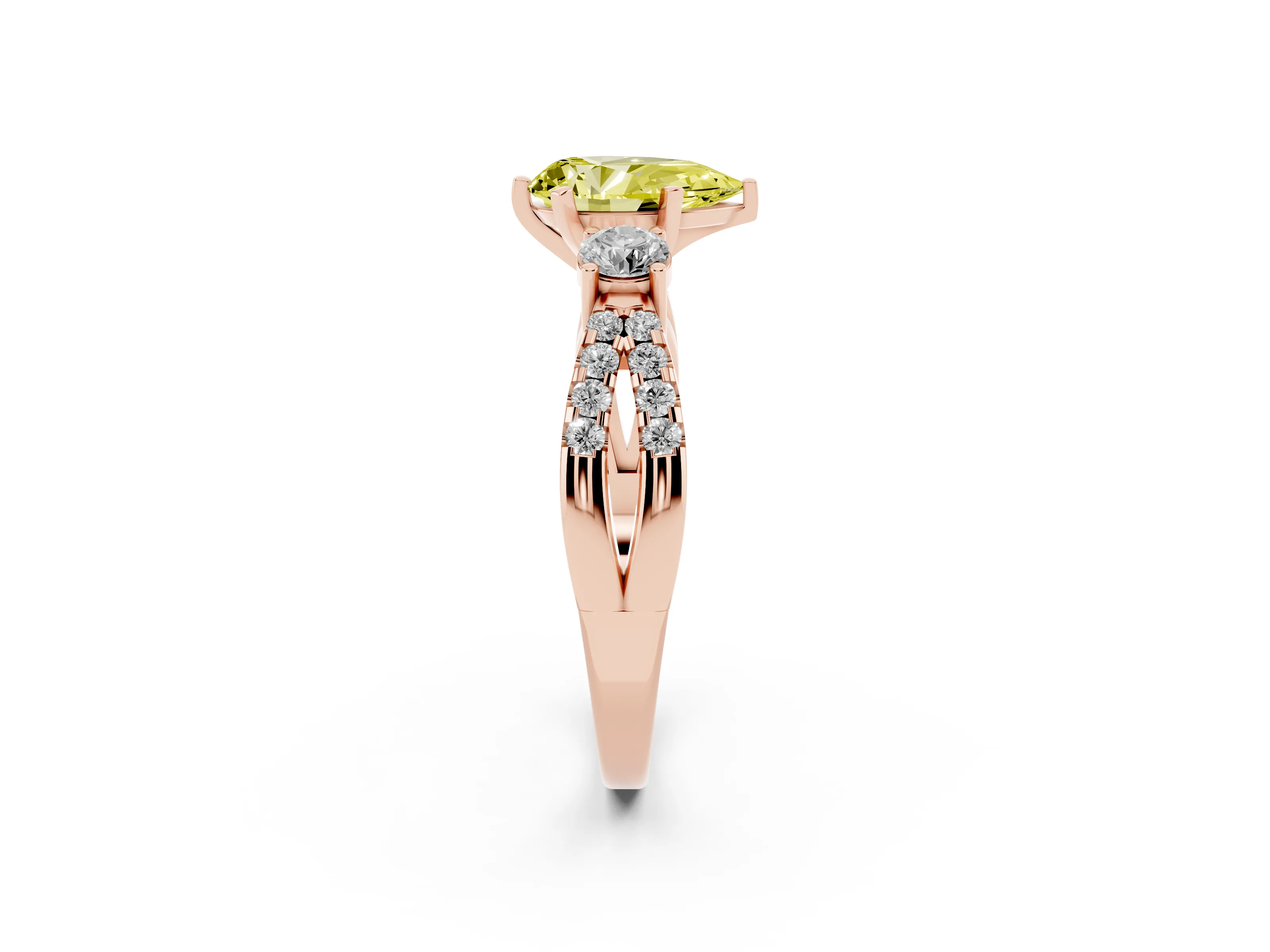 Fancy Yellow Pear Cut Diamond Three-Stone Ring Set in Rose gold with Pavé Split Shank and Prong Setting