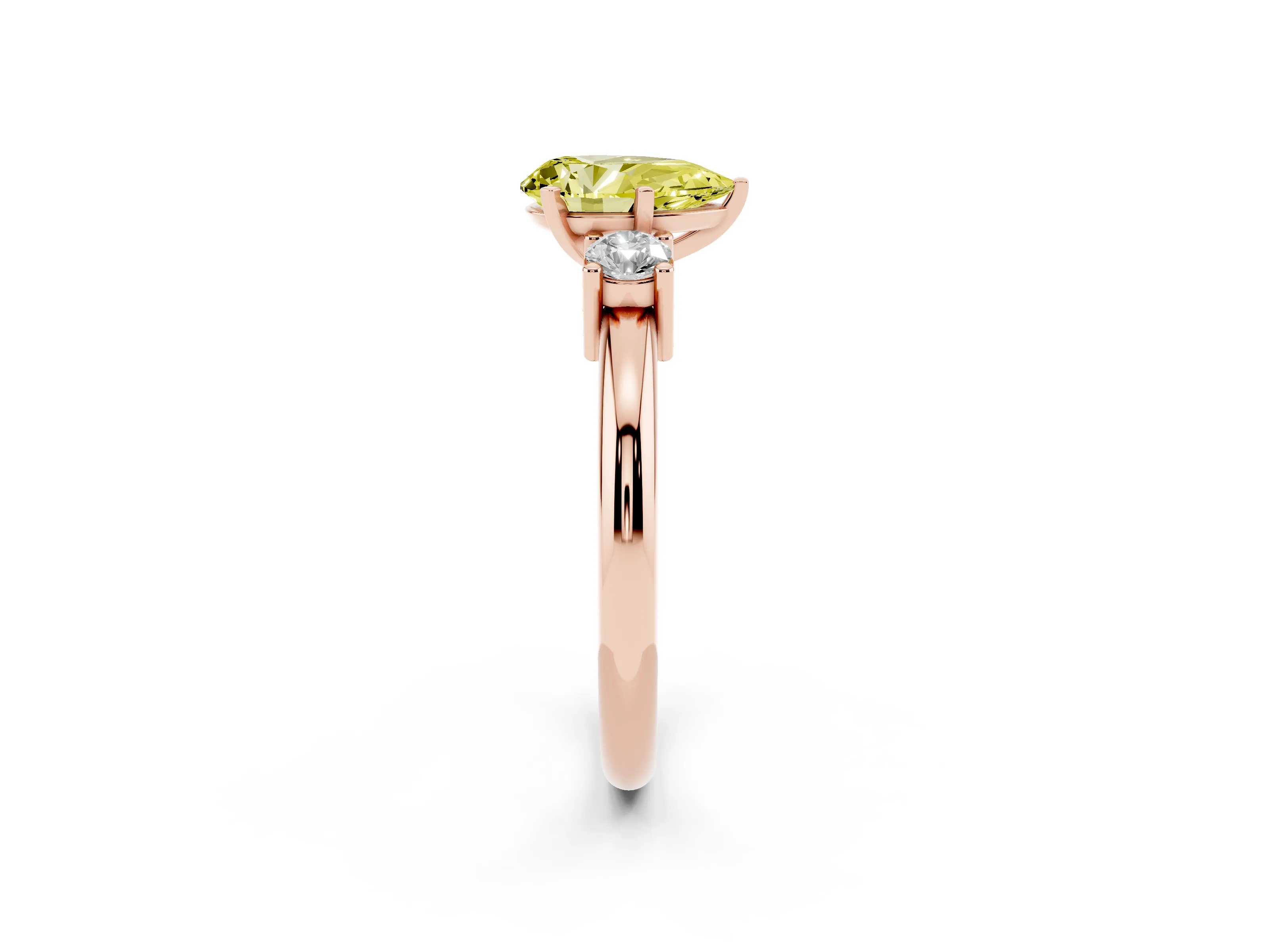 Fancy Yellow Three-Stone Pear Cut Diamond Ring Set in Rose gold with Prong Setting and Plain Band