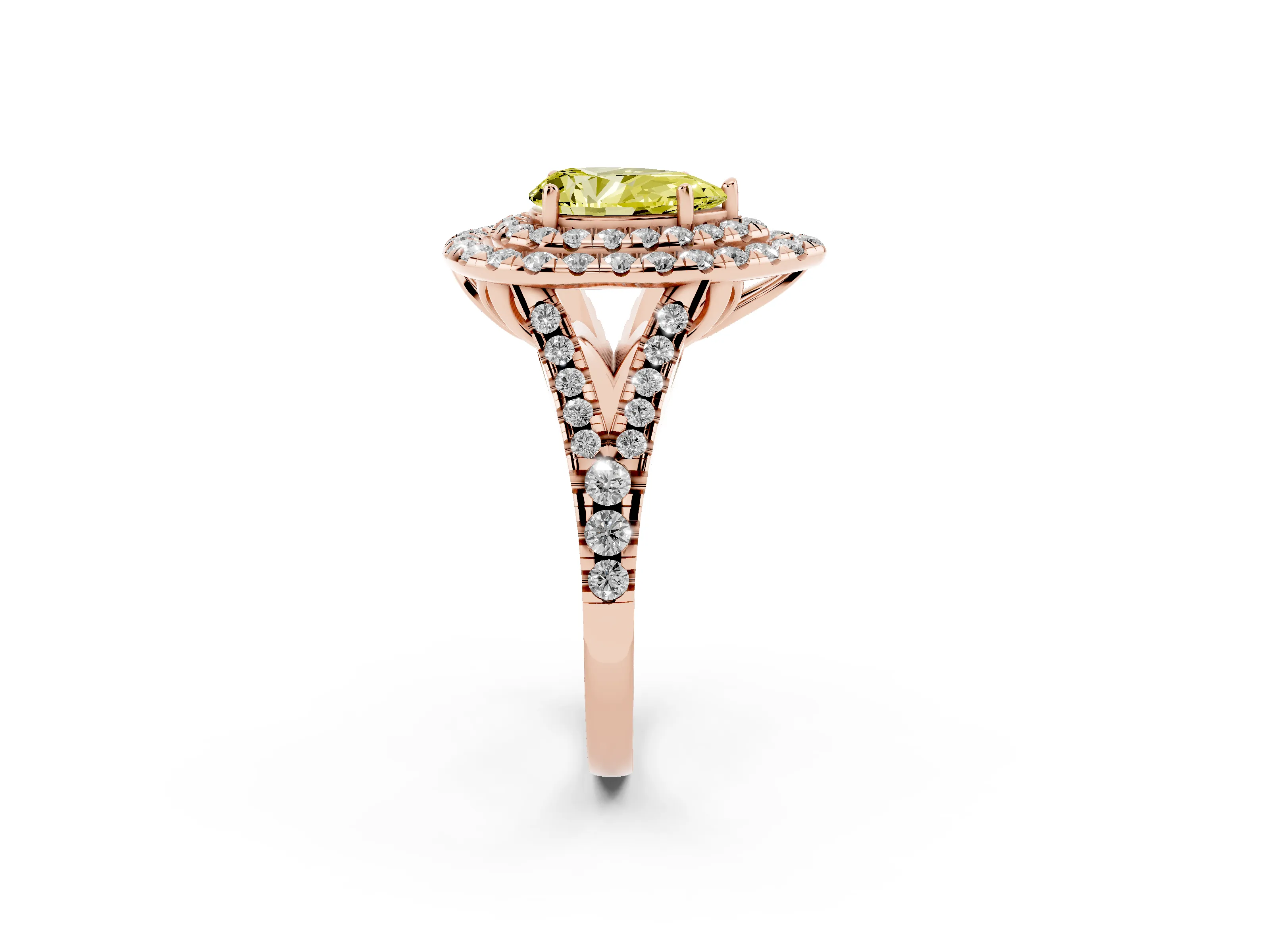 Fancy Yellow Pear Cut Diamond Double Halo Ring Set in Rose gold with Pavé Split Shank and Prong Setting