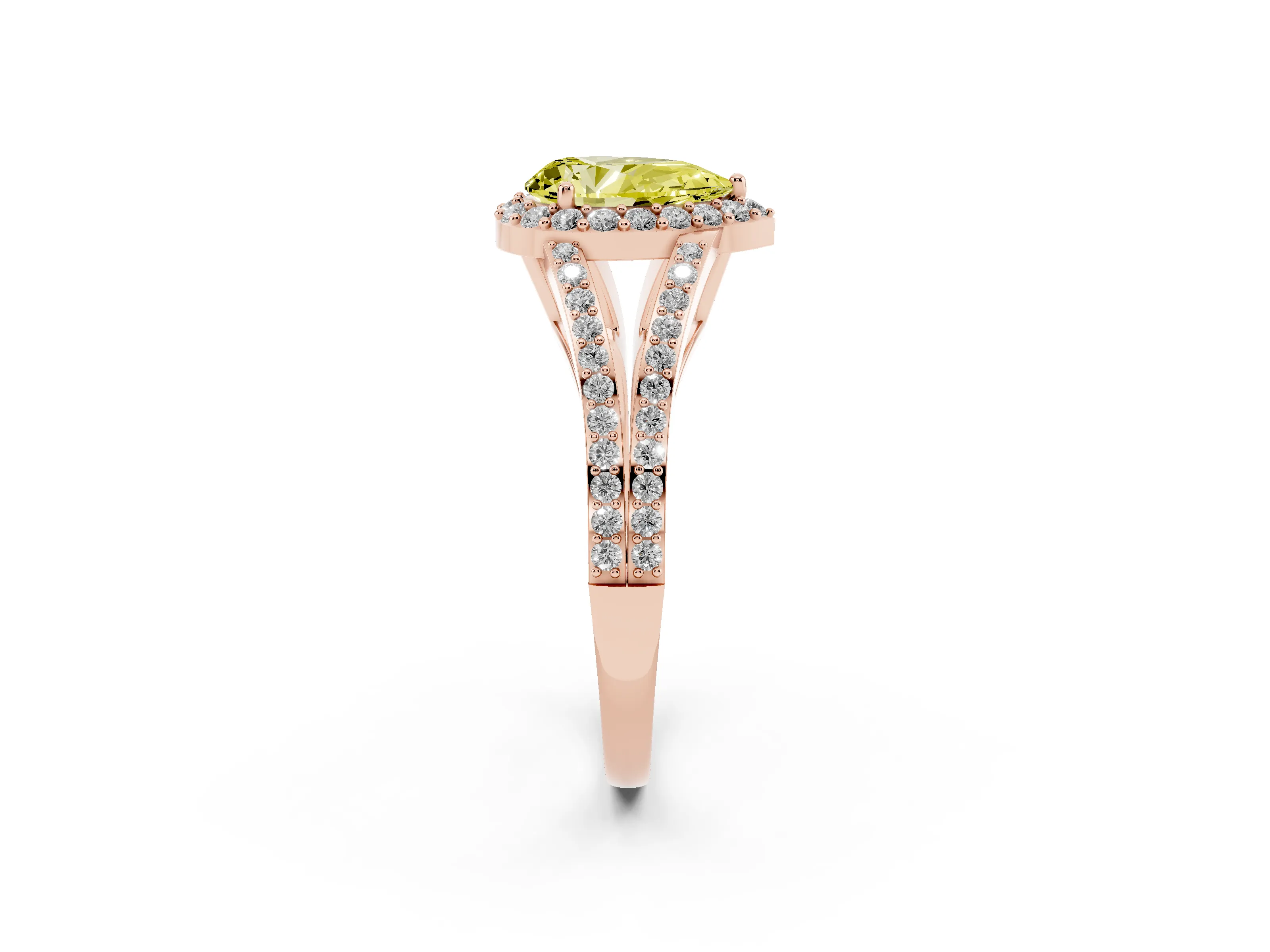Fancy Yellow Pear Cut Diamond Halo Split Shank Pavé Ring Set in Rose gold with Prong Setting