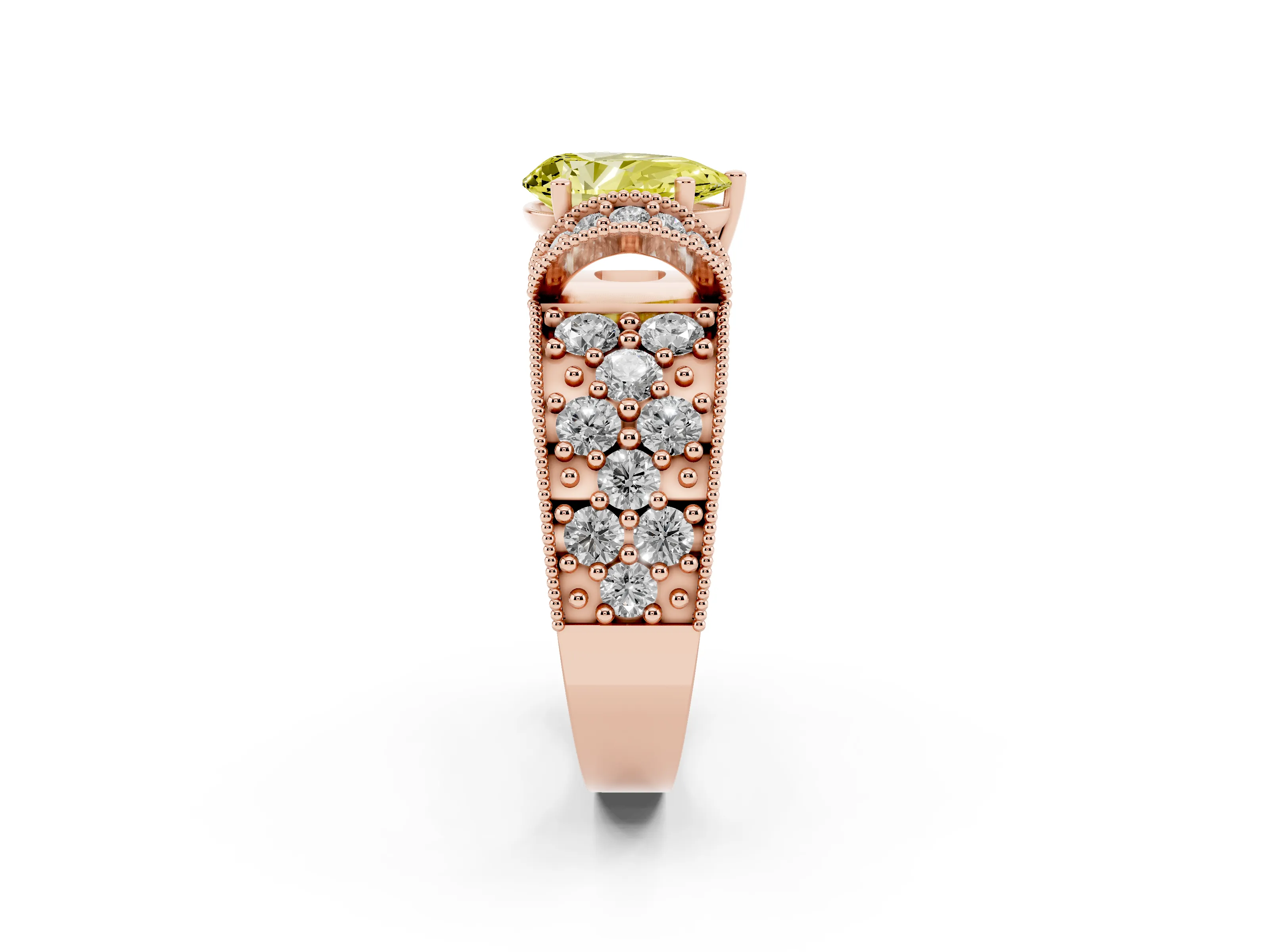 Fancy Yellow Pear Cut Diamond Milgrain Halo Pavé Engagement Ring Set in Rose gold with Prong Setting