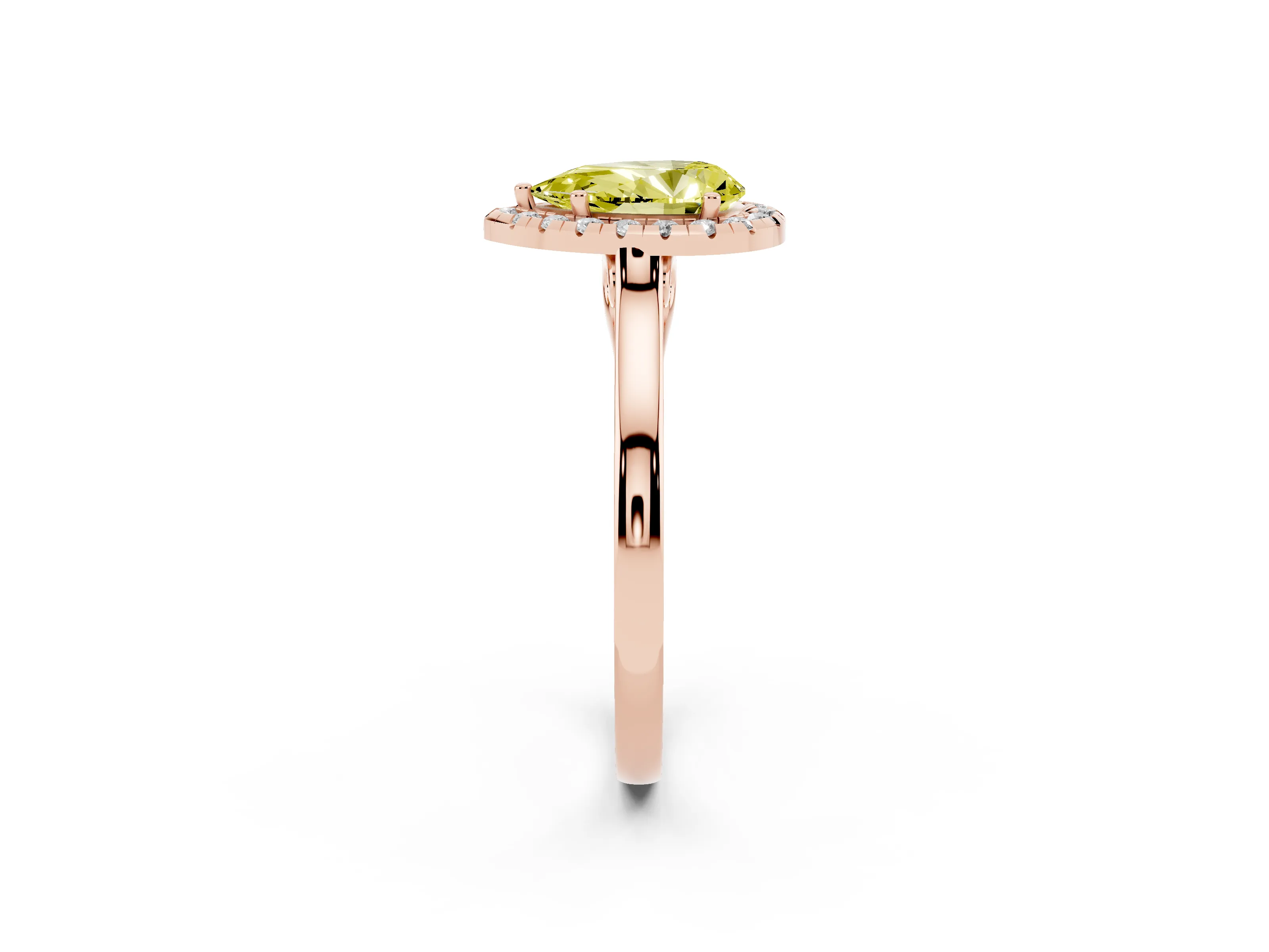 Fancy Yellow Pear Cut Halo Round Diamond Solitaire Ring Set in Rose gold with Pavé Band and Prong Setting