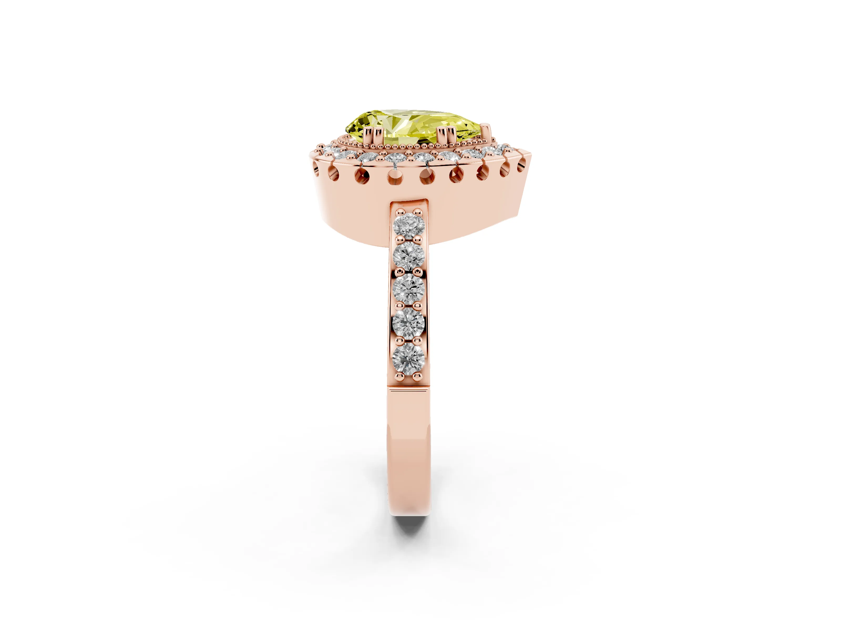 Fancy Yellow Pear Cut Diamond Halo Ring Set in Rose gold with Pavé Shank and Prong Setting