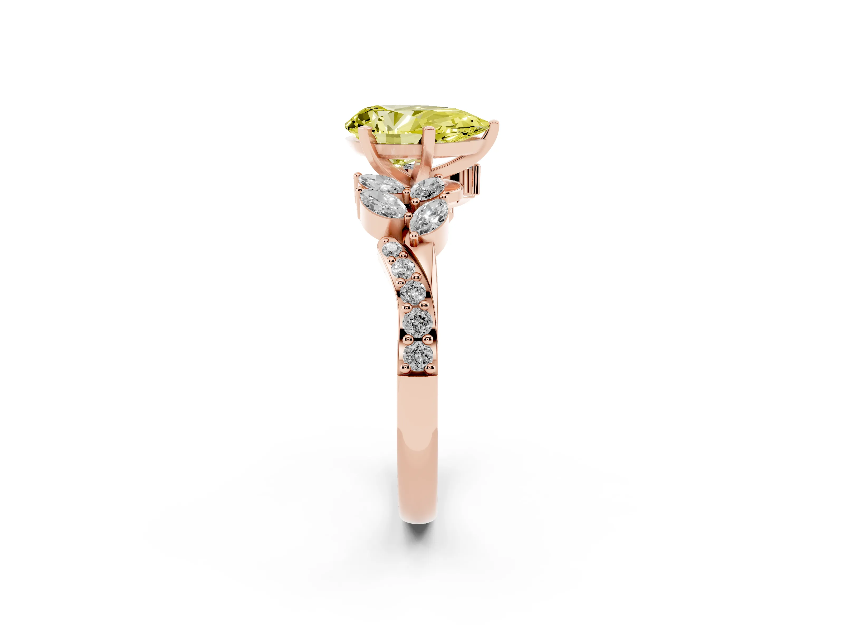 Fancy Yellow Pear Cut Diamond Solitaire Ring Set in Rose gold with Marquise Twist Band and Prong Setting