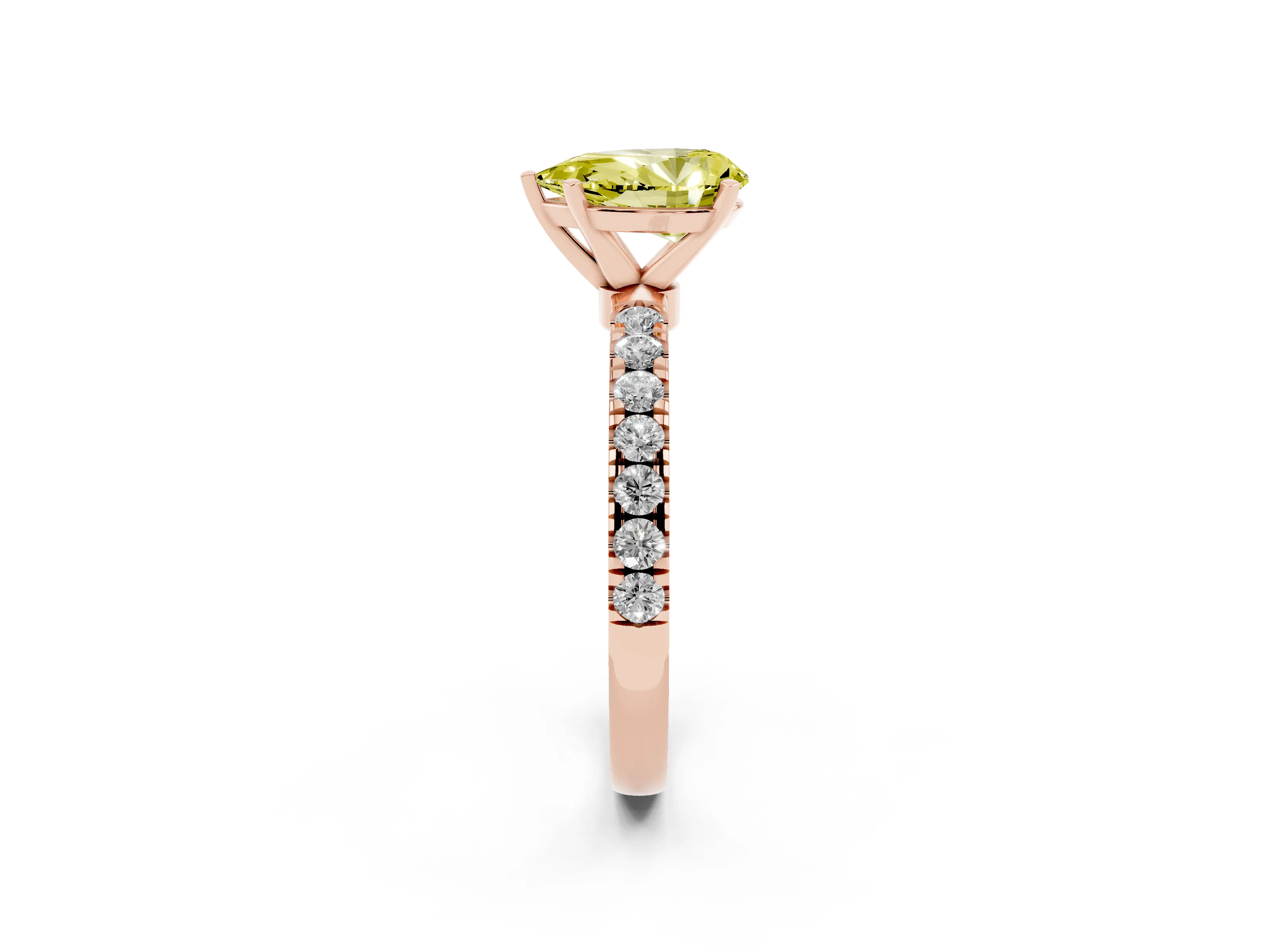 Fancy Yellow Pear Cut Diamond Solitaire Ring Set in Rose gold with Pavé Accents and Prong Setting