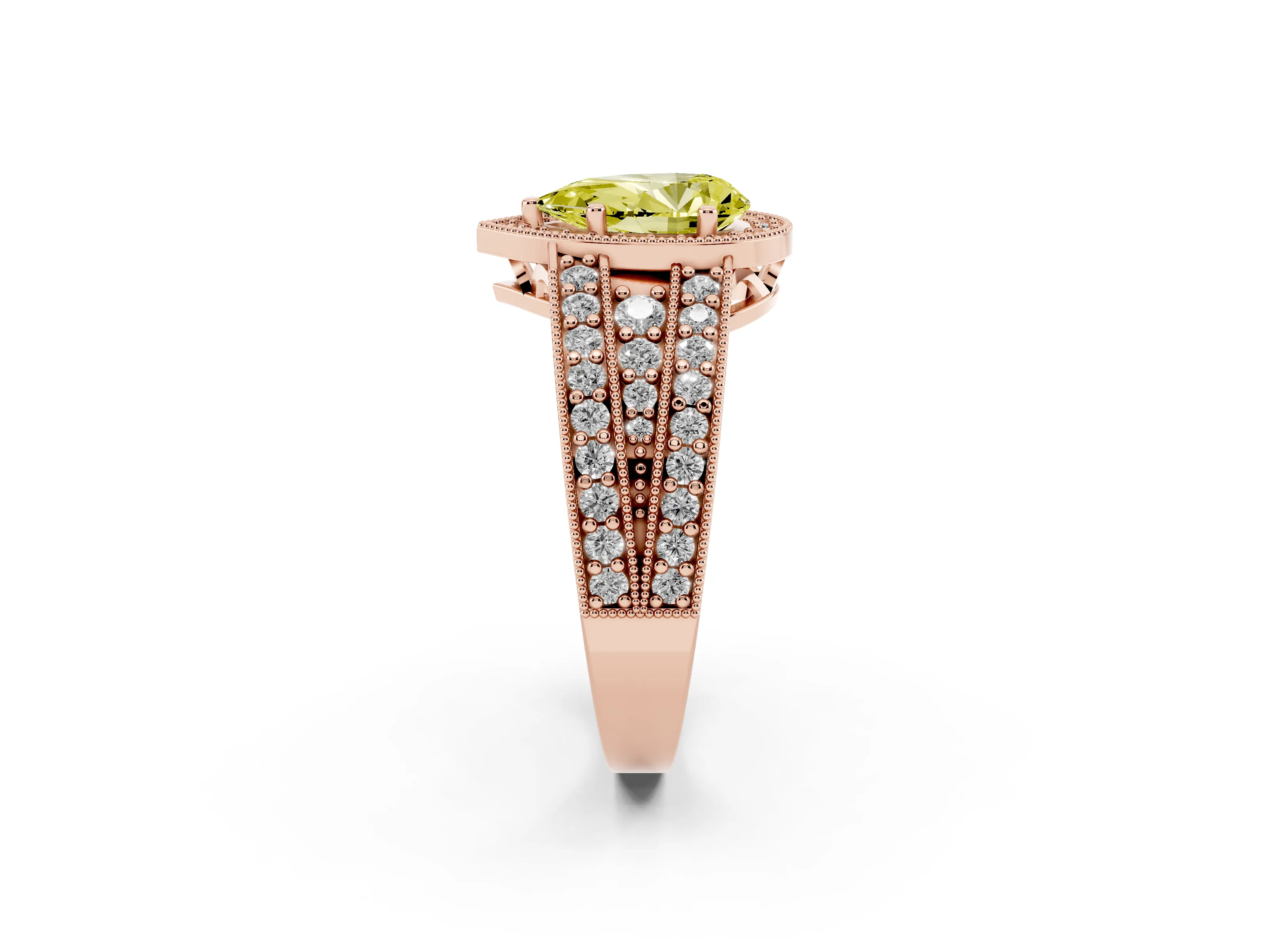Fancy Yellow Pear Cut Diamond Halo Ring Set in Rose gold with Accent Split Shank and Prong Setting