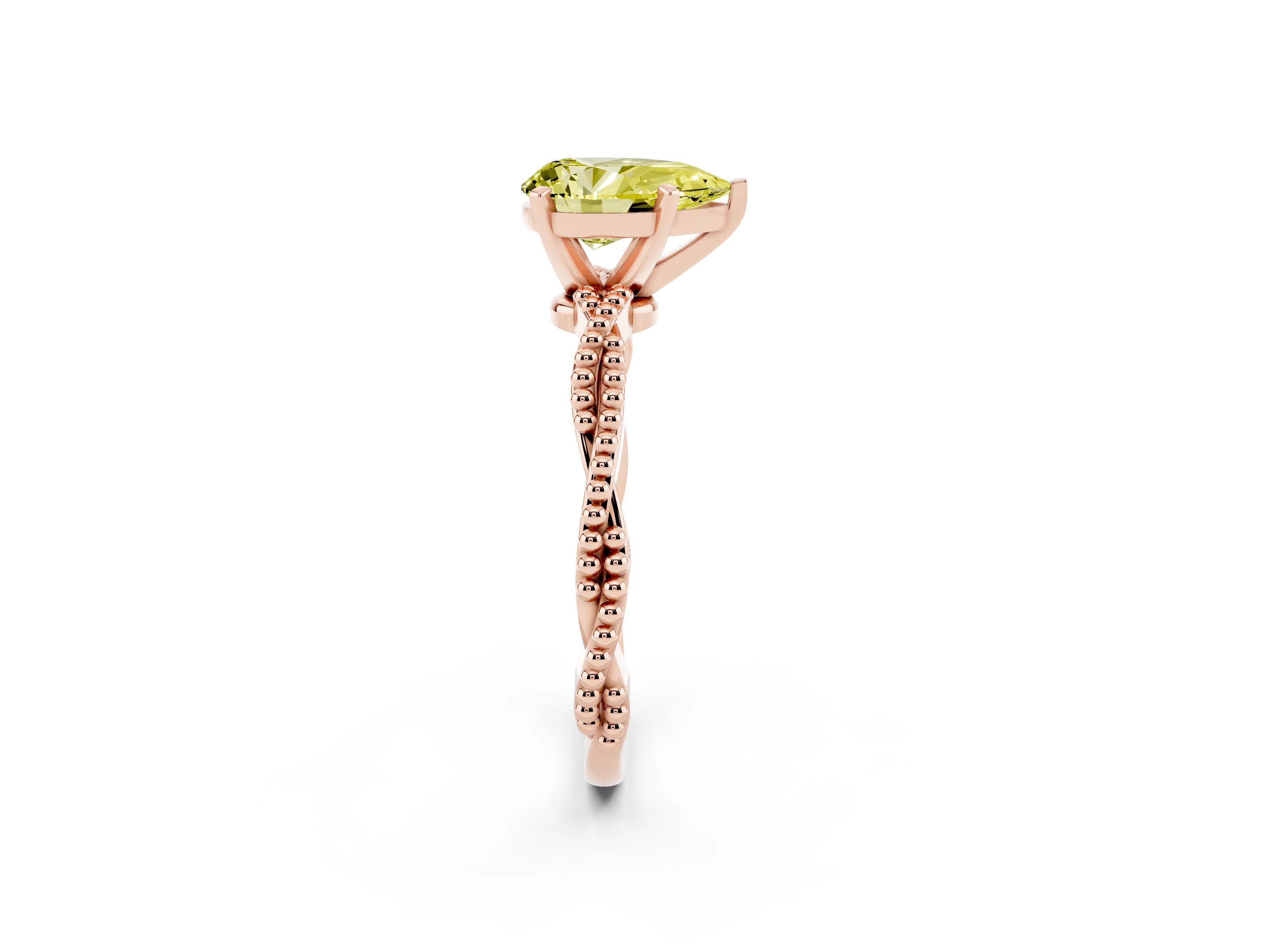 Fancy Yellow Pear Cut Diamond Solitaire Ring Set in Rose gold with Twisted Band and Bead Prong Setting