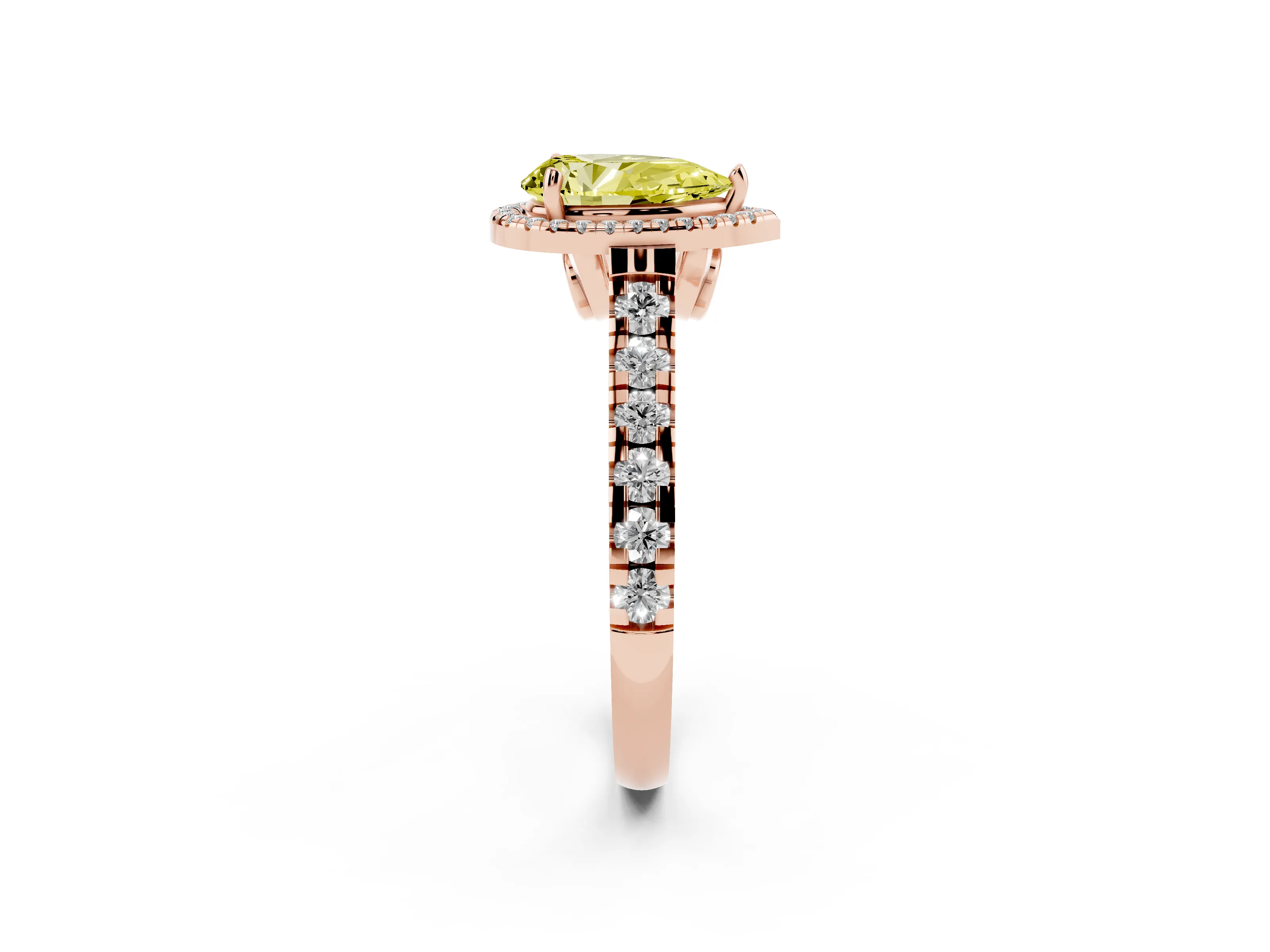 Fancy Yellow Pear Cut Diamond Halo Engagement Ring Set in Rose gold with Pavé Band and Prong-Set Center
