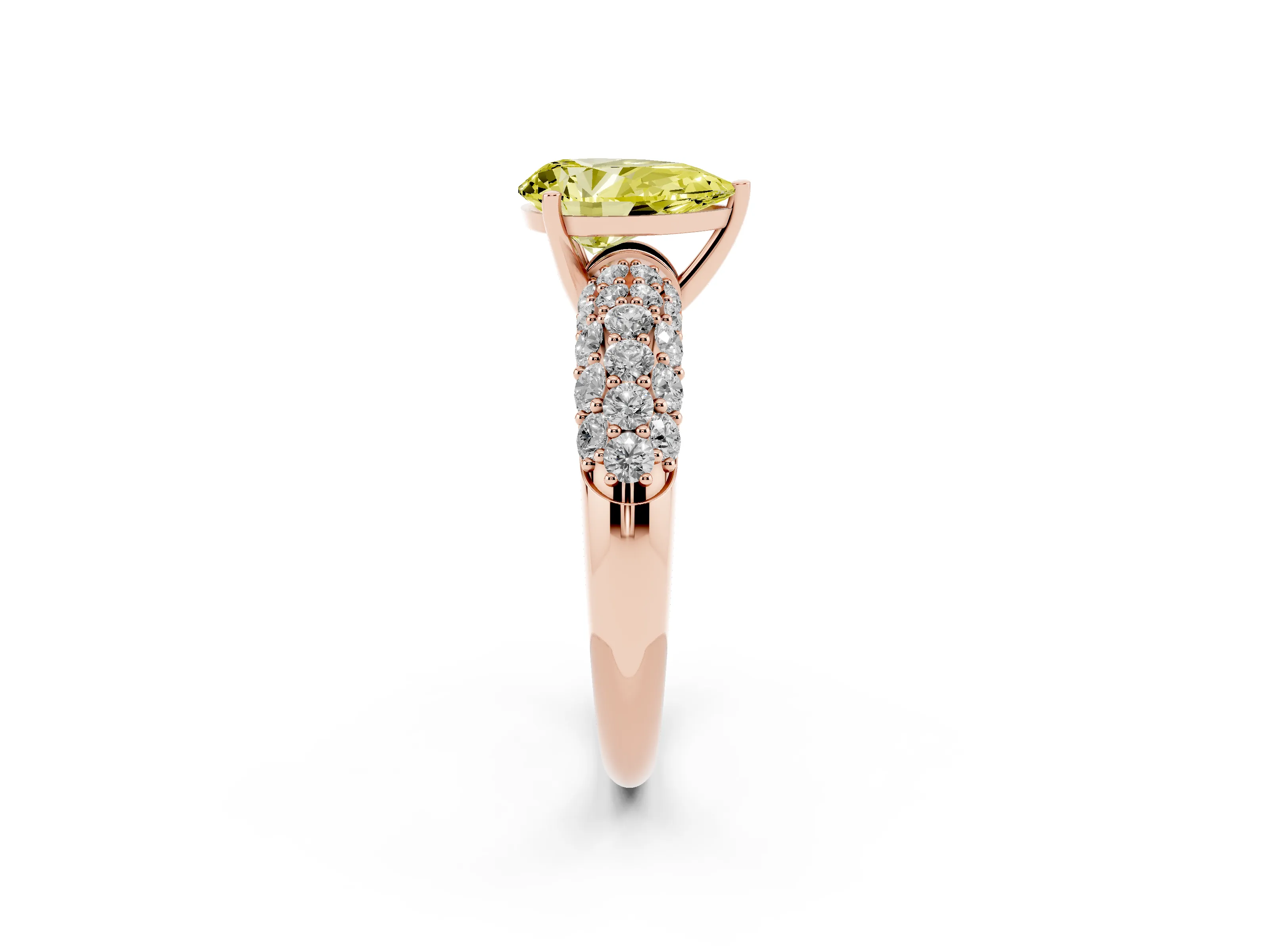 Fancy Yellow Pear Cut Diamond Pavé Band Solitaire Ring Set in Rose gold with Close-Set Accent Stones and Prong Setting