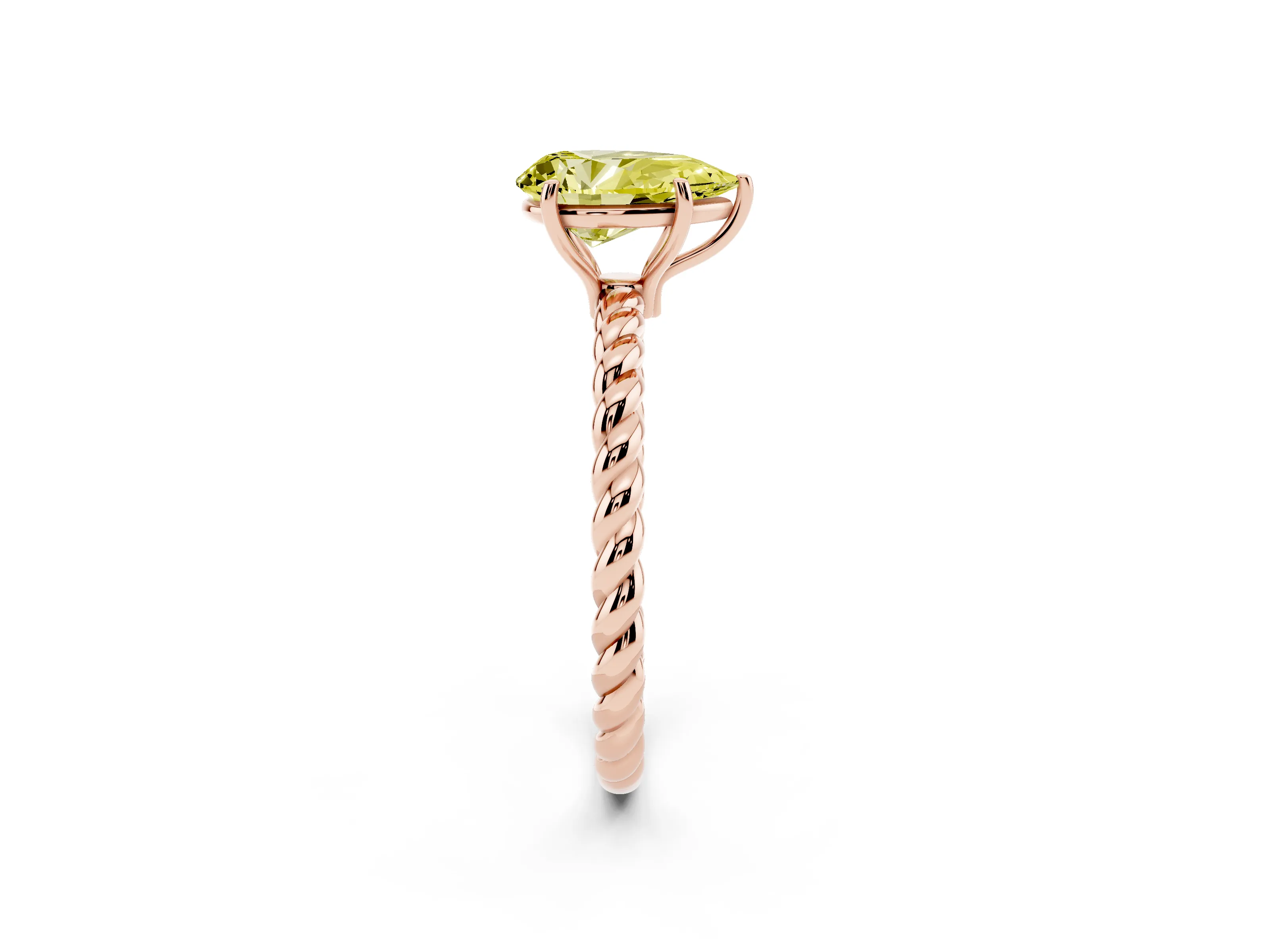 Fancy Yellow Pear Cut Diamond Solitaire Ring Set in Rose gold with Twist Band and Prong Setting