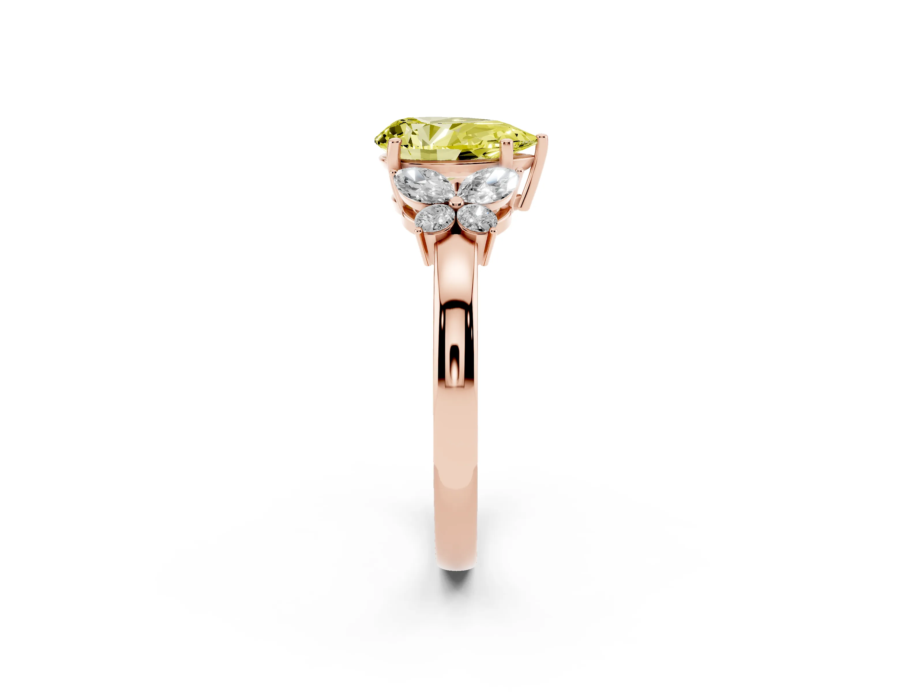 Fancy Yellow Pear Cut Diamond Solitaire Floral Ring Set in Rose gold with Marquise Petals and Prong Setting