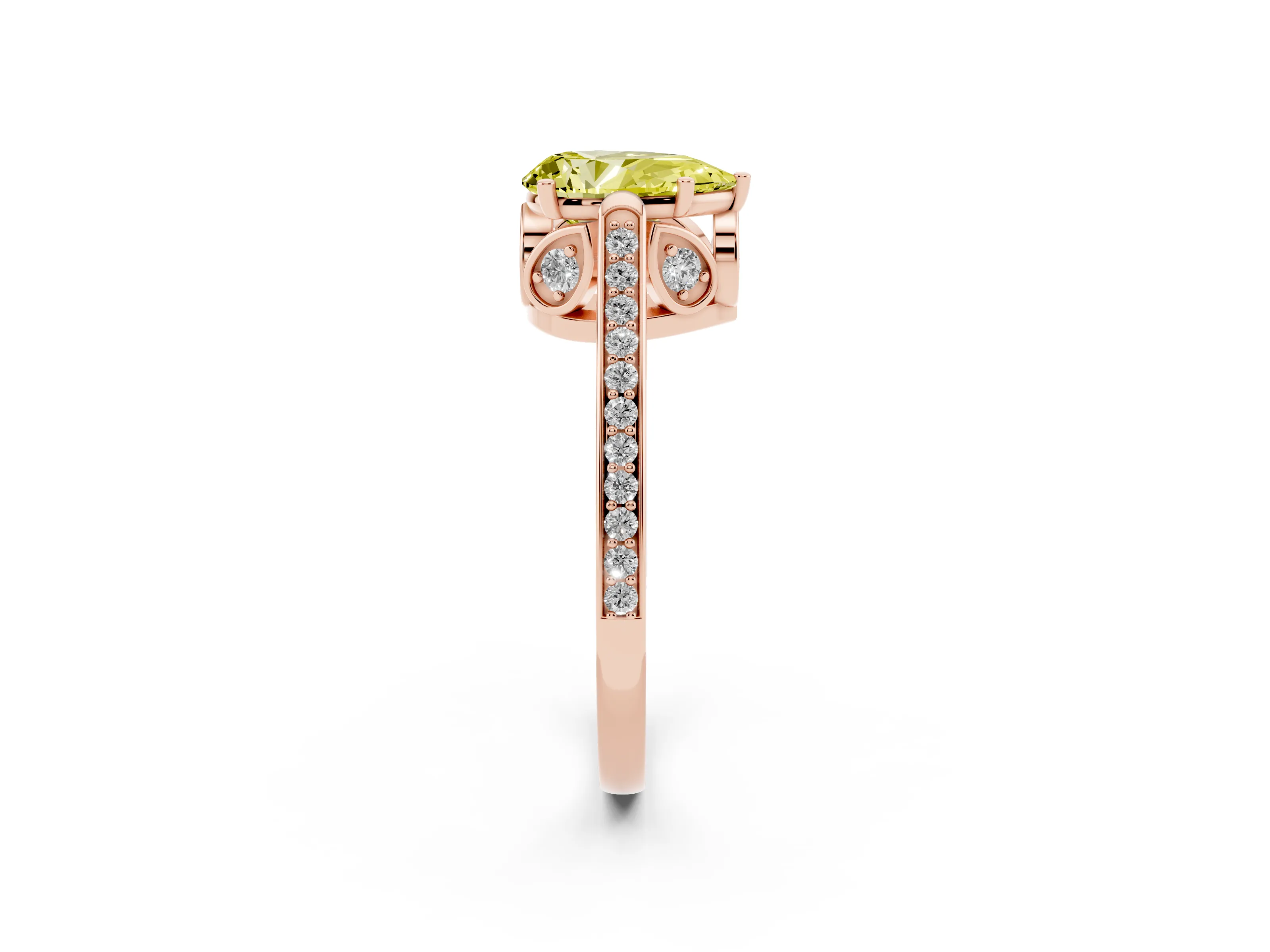 Fancy Yellow Pear Cut Diamond Cathedral Pavé Engagement Ring Set in Rose gold with Prong Setting