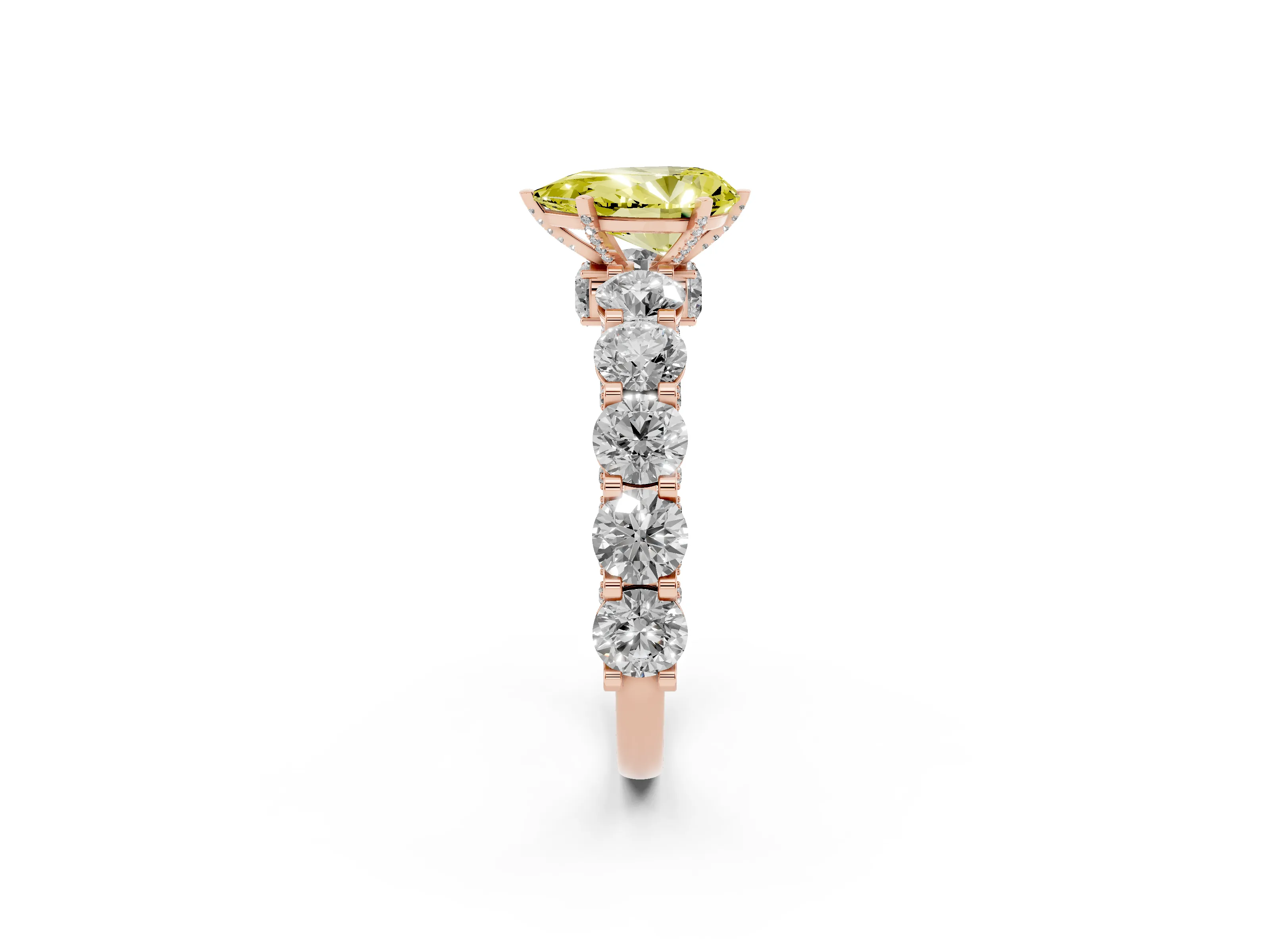 Fancy Yellow Pear Cut Diamond Side Stone Ring Set in Rose gold with Alternating Round and Oval Side Stones
