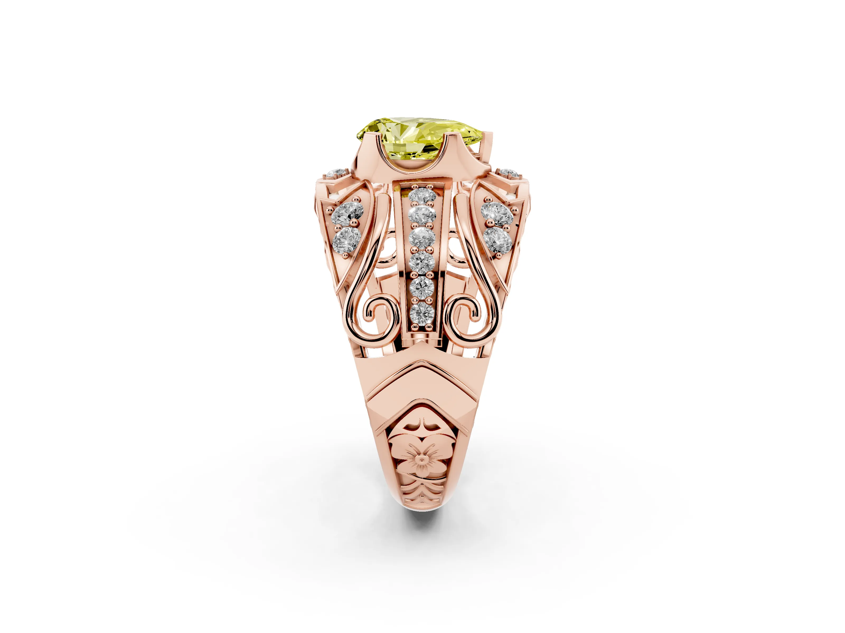 Fancy Yellow Pear Cut Diamond Art Deco Ring Set in Rose gold with Pavé Split Shank