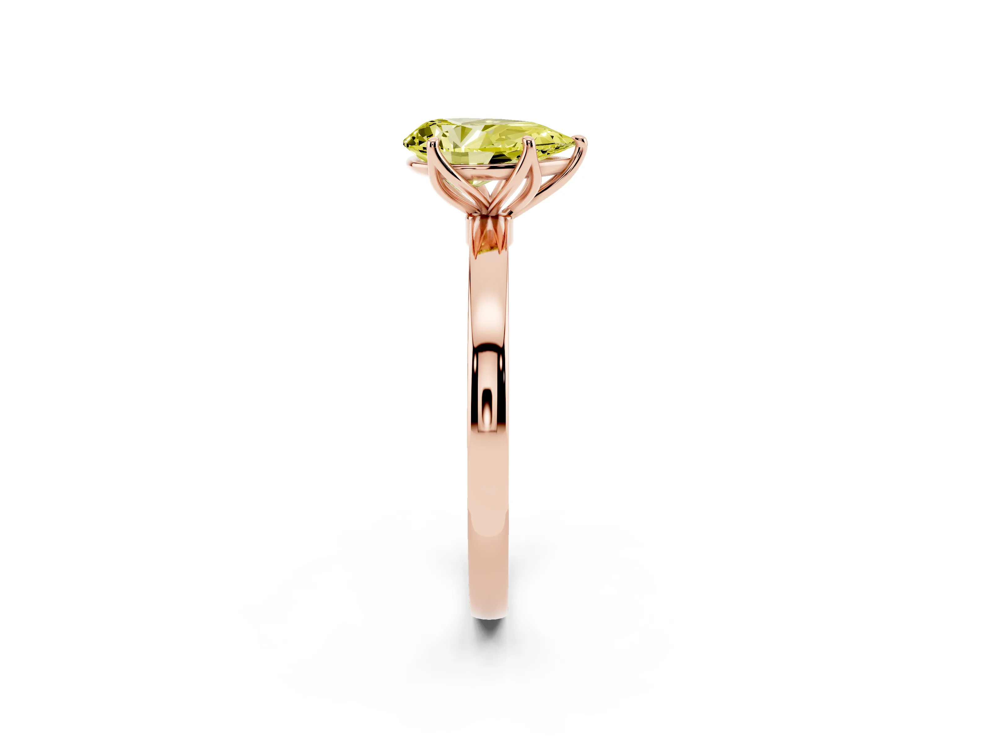 Fancy Yellow Pear Cut Diamond Solitaire Ring Set in Rose gold with Prong Setting and Thin Polished Band