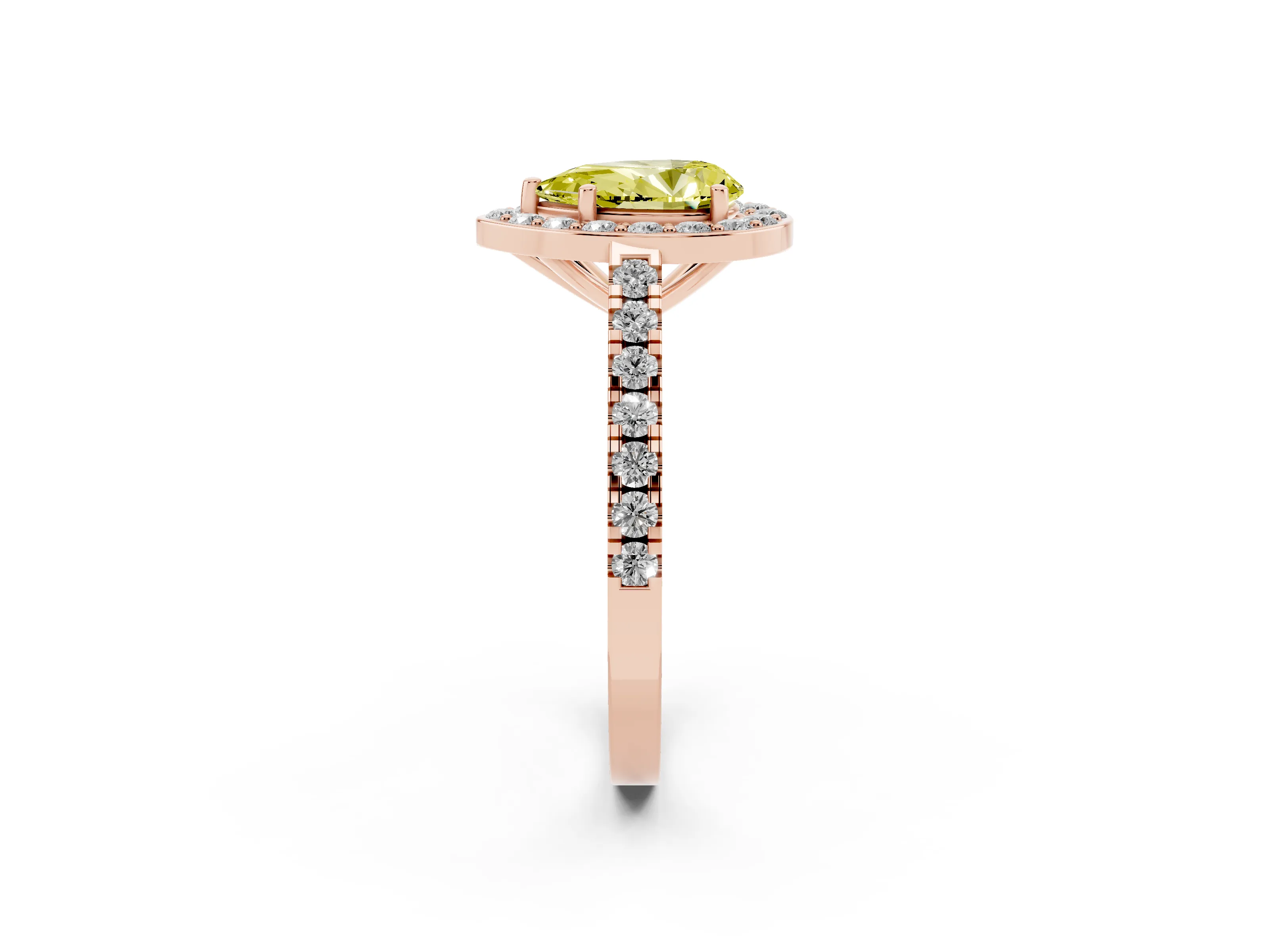 Fancy Yellow Pear Cut Diamond Halo Ring Set in Rose gold with Round Pavé Split Shank and Prong Setting