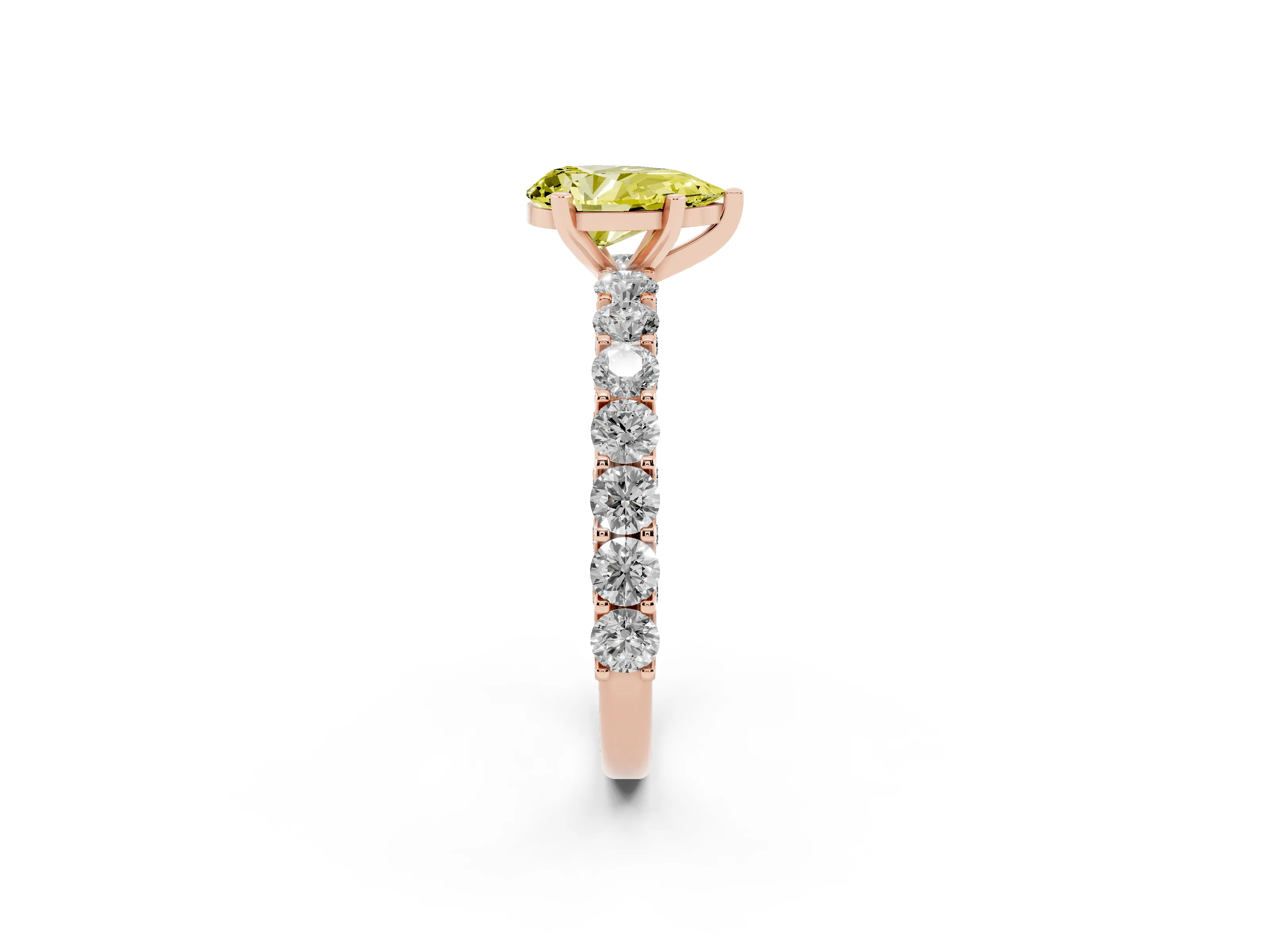 Fancy Yellow Pear Cut Diamond Solitaire Ring Set in Rose gold with Shared Prong Pavé Band