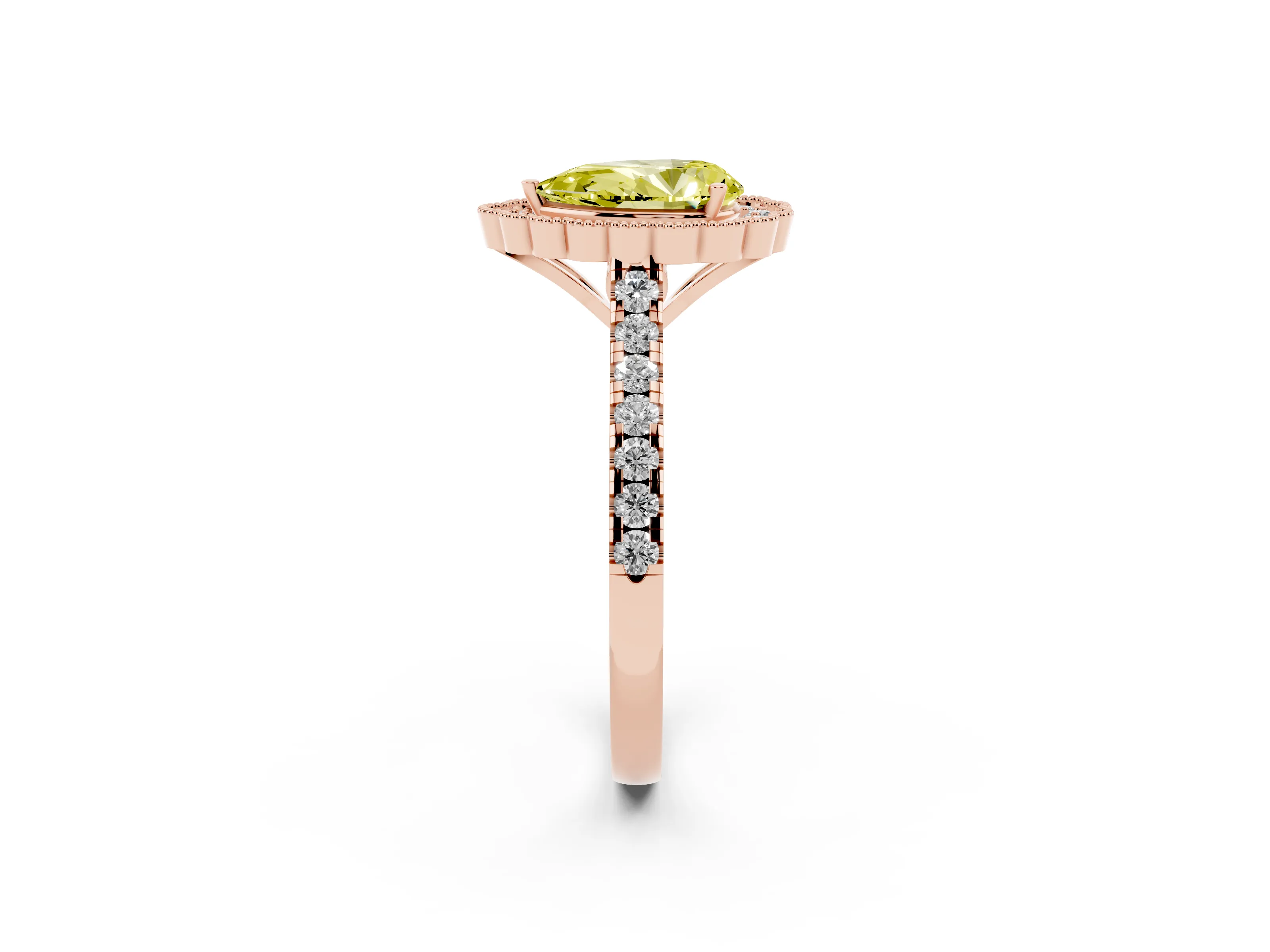 Fancy Yellow Pear Cut Diamond Milgrain Floral Halo Engagement Ring Set in Rose gold with Pavé Band