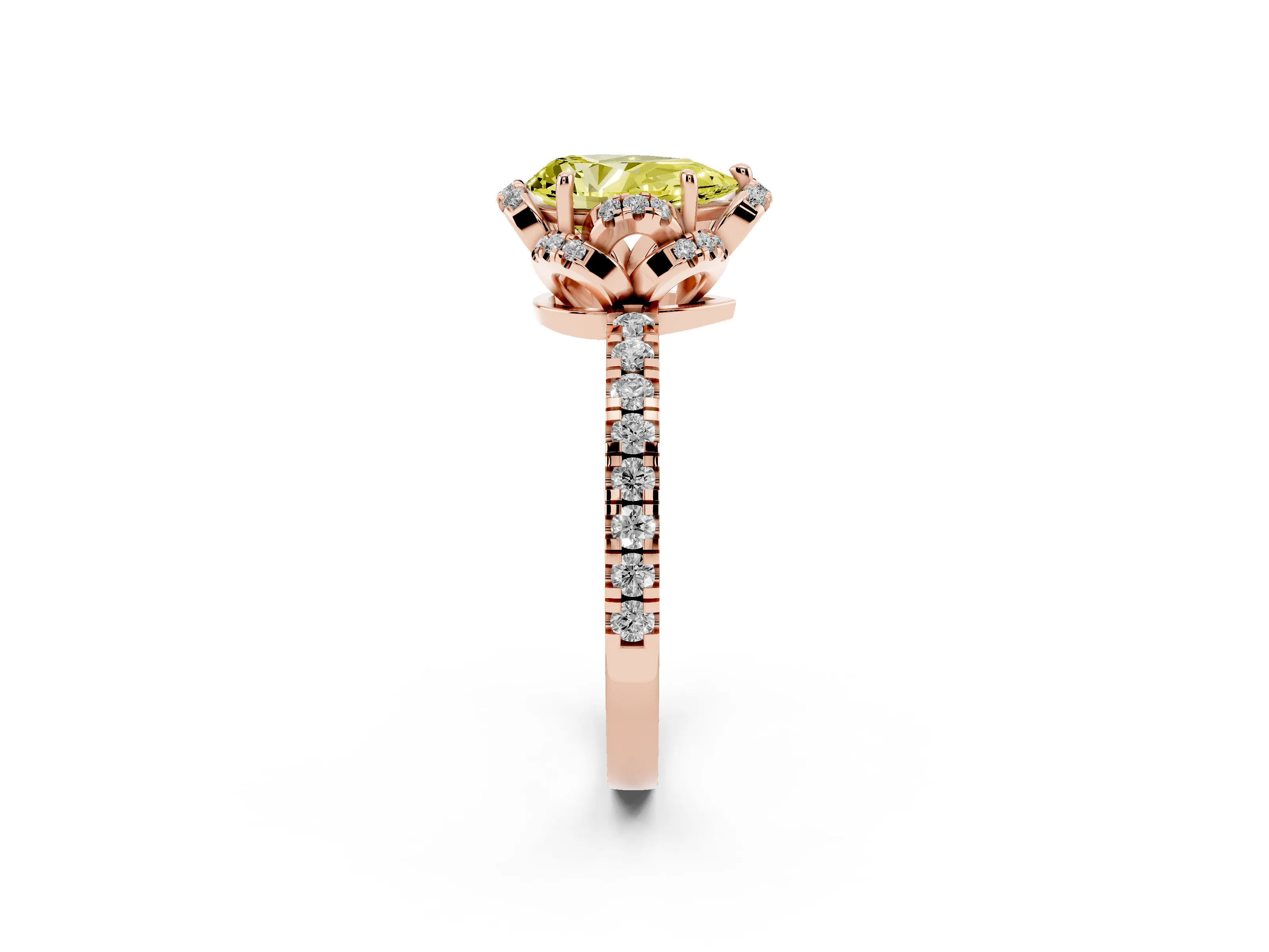Fancy Yellow Pear Cut Diamond Halo Pavé Band Ring Set in Rose gold with Prong-Held Center