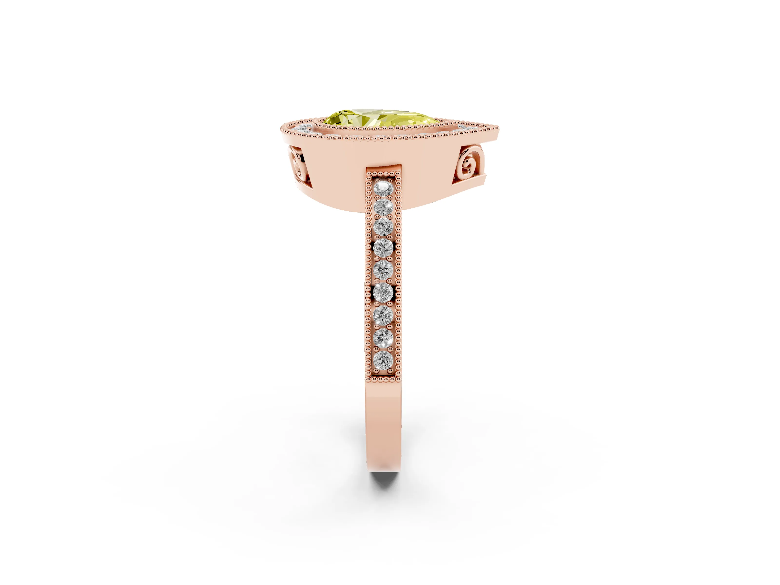 Fancy Yellow Pear Cut Diamond Halo Ring Set in Rose gold with Pavé Band and Milgrain-Edged Prongs
