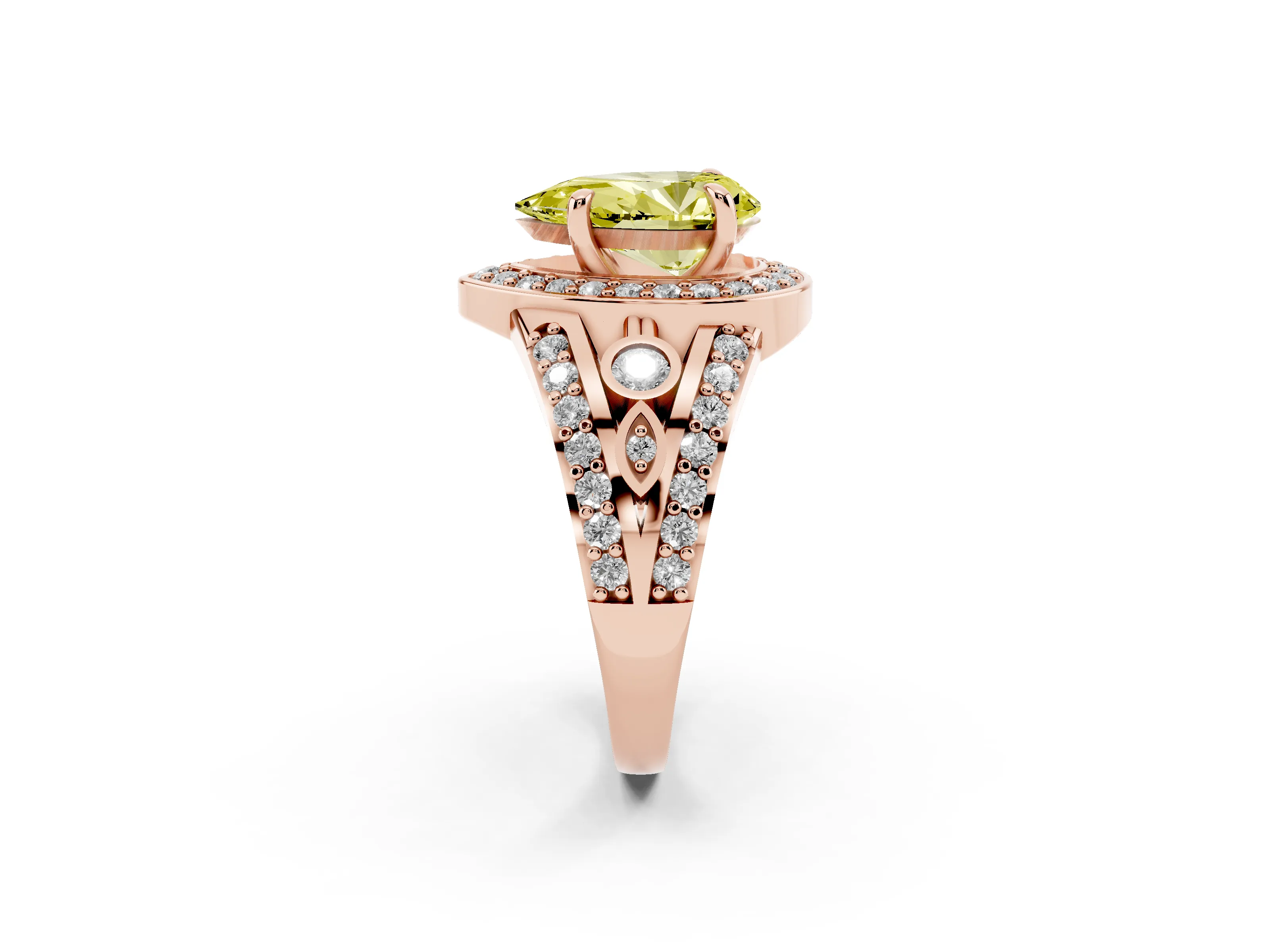 Fancy Yellow Pear Cut Diamond Halo Ring Set in Rose gold with Pavé Split Shank and Bezel Accents