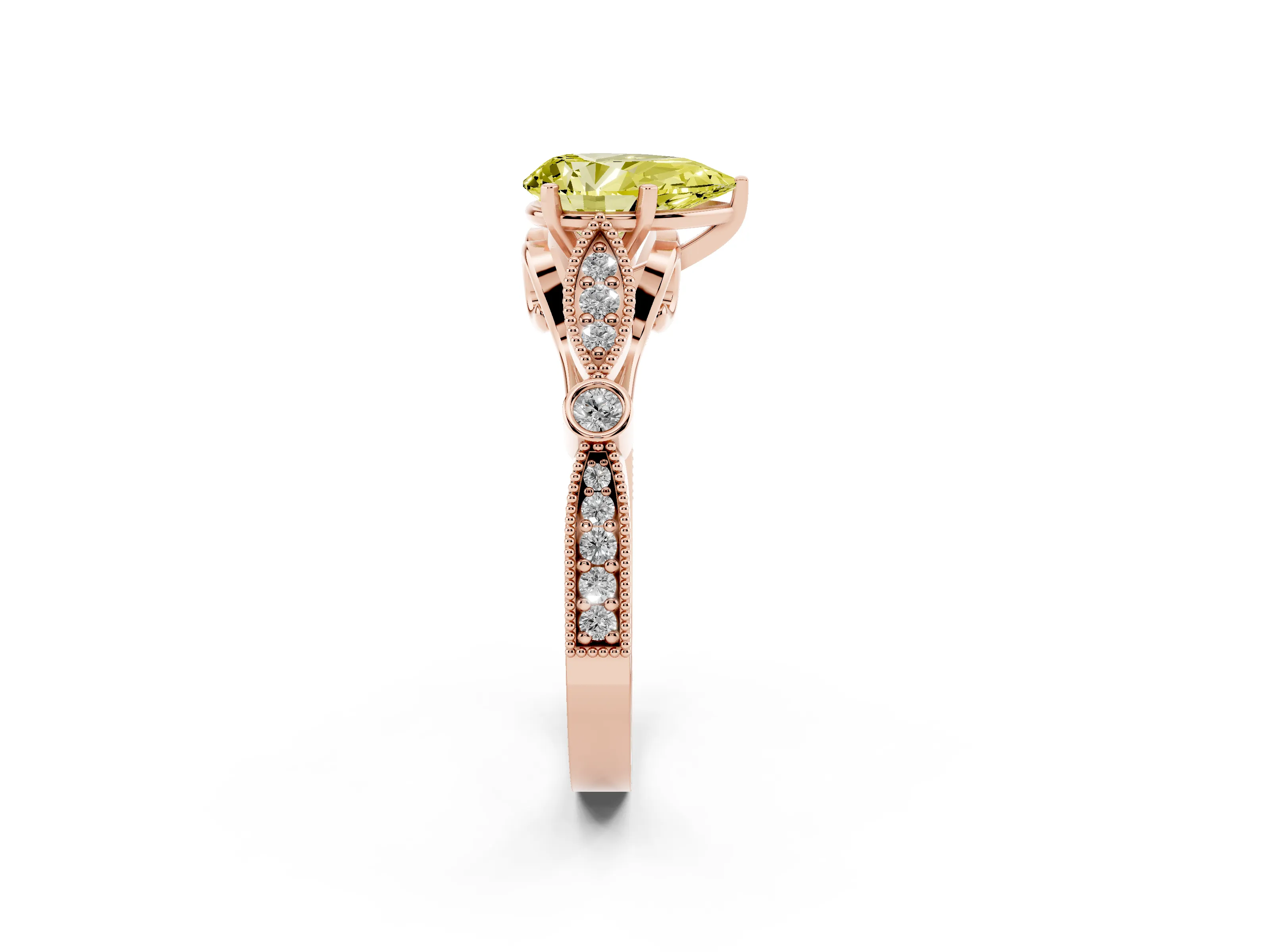 Fancy Yellow Pear Cut Diamond Solitaire Ring Set in Rose gold with Milgrain Marquise and Bezel Accents
