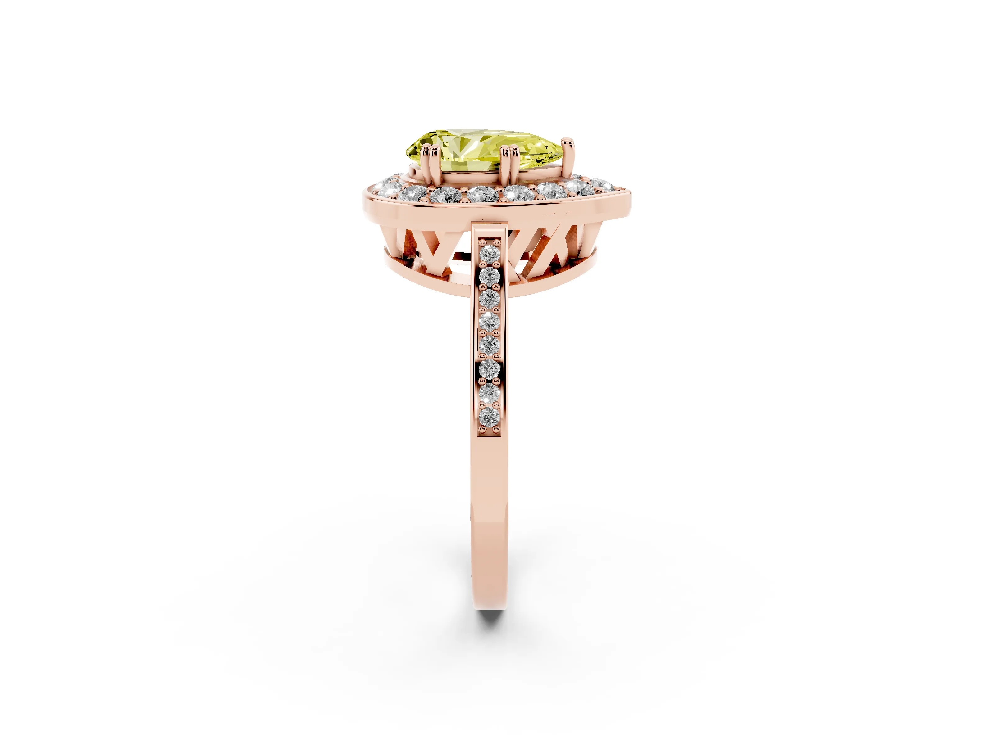 Fancy Yellow Pear Cut Diamond Halo Ring Set in Rose gold with Accent-Lined Split Shank and Prong Setting