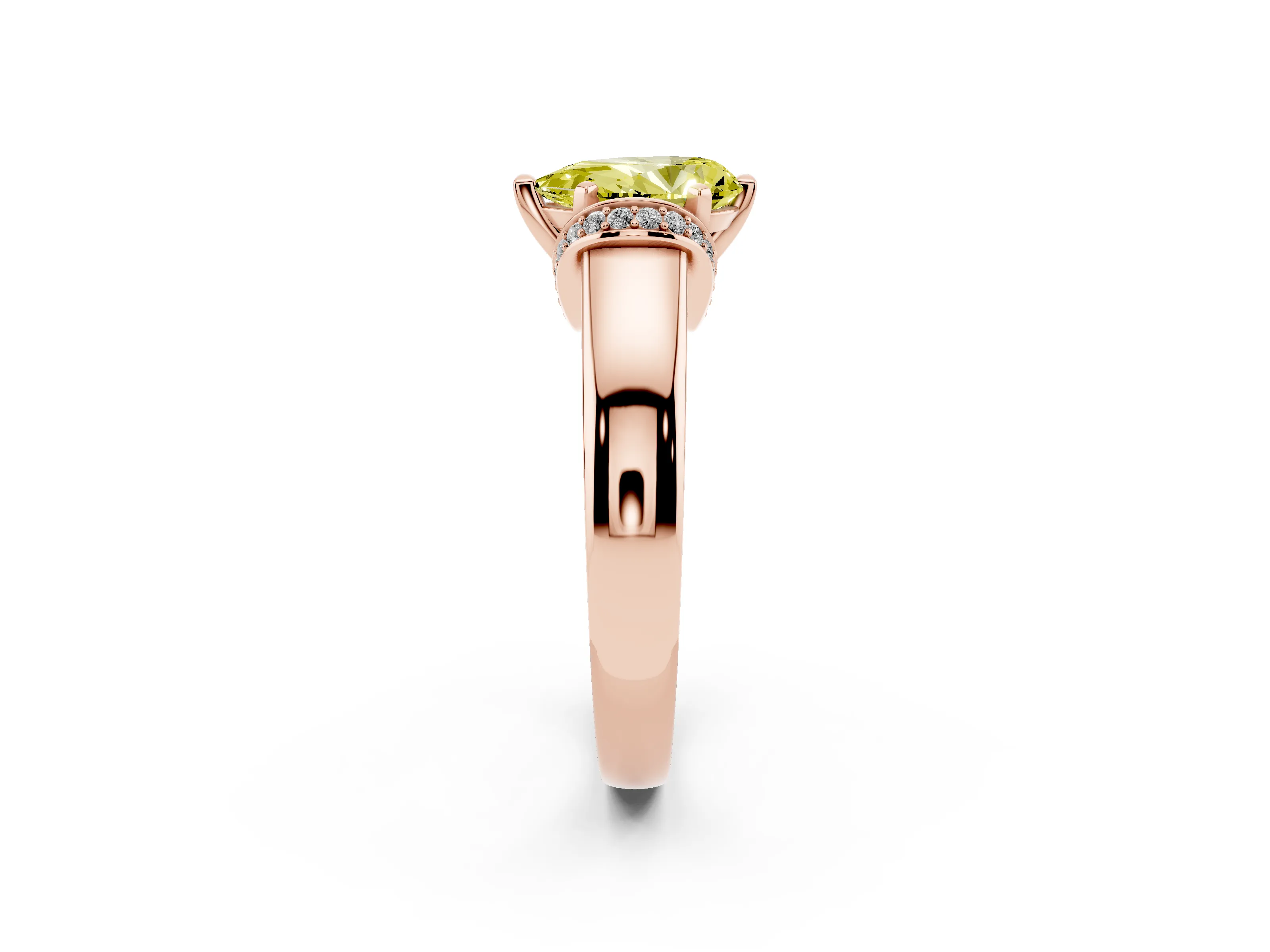 Fancy Yellow Pear Cut Diamond Pavé Band Solitaire Ring Set in Rose gold with Prong Setting