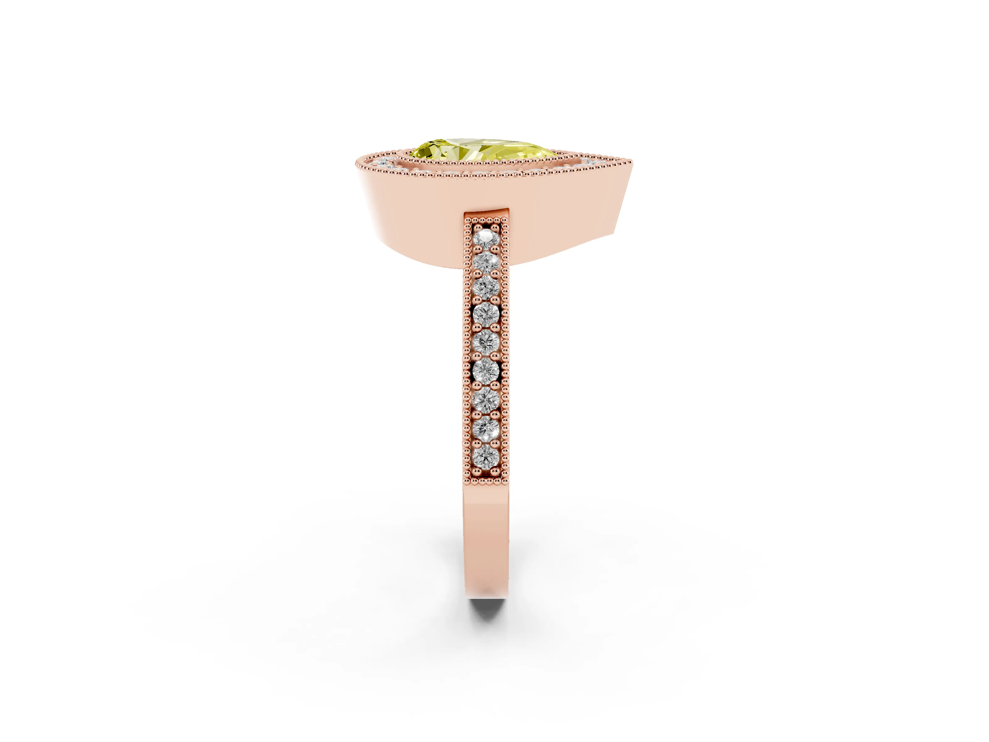 Fancy Yellow Pear Cut Diamond Halo Engagement Ring Set in Rose gold with Pavé Band and Round Halo Stones