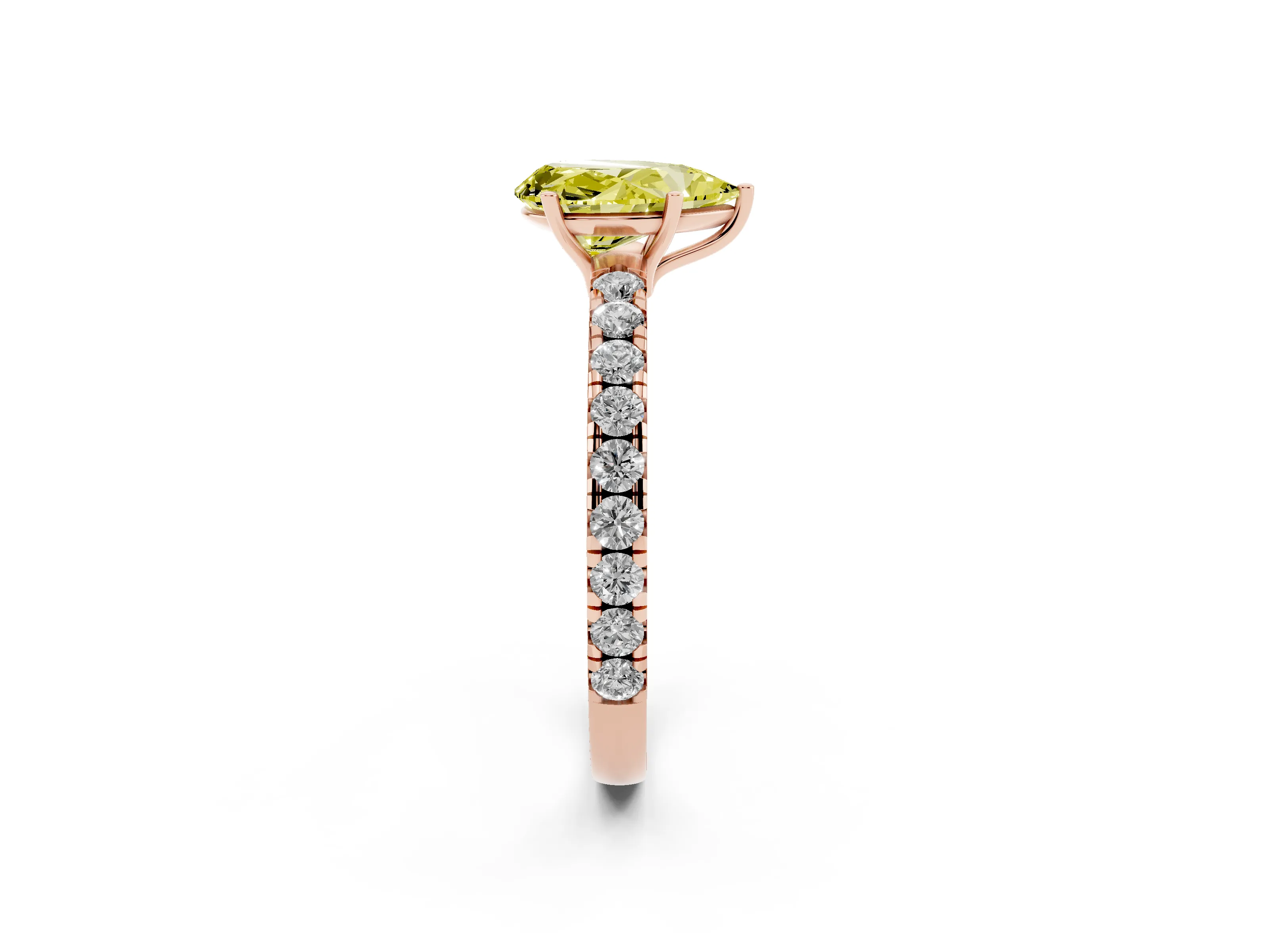 Fancy Yellow Pear Cut Diamond Pavé Solitaire Engagement Ring Set in Rose gold with Prong Setting