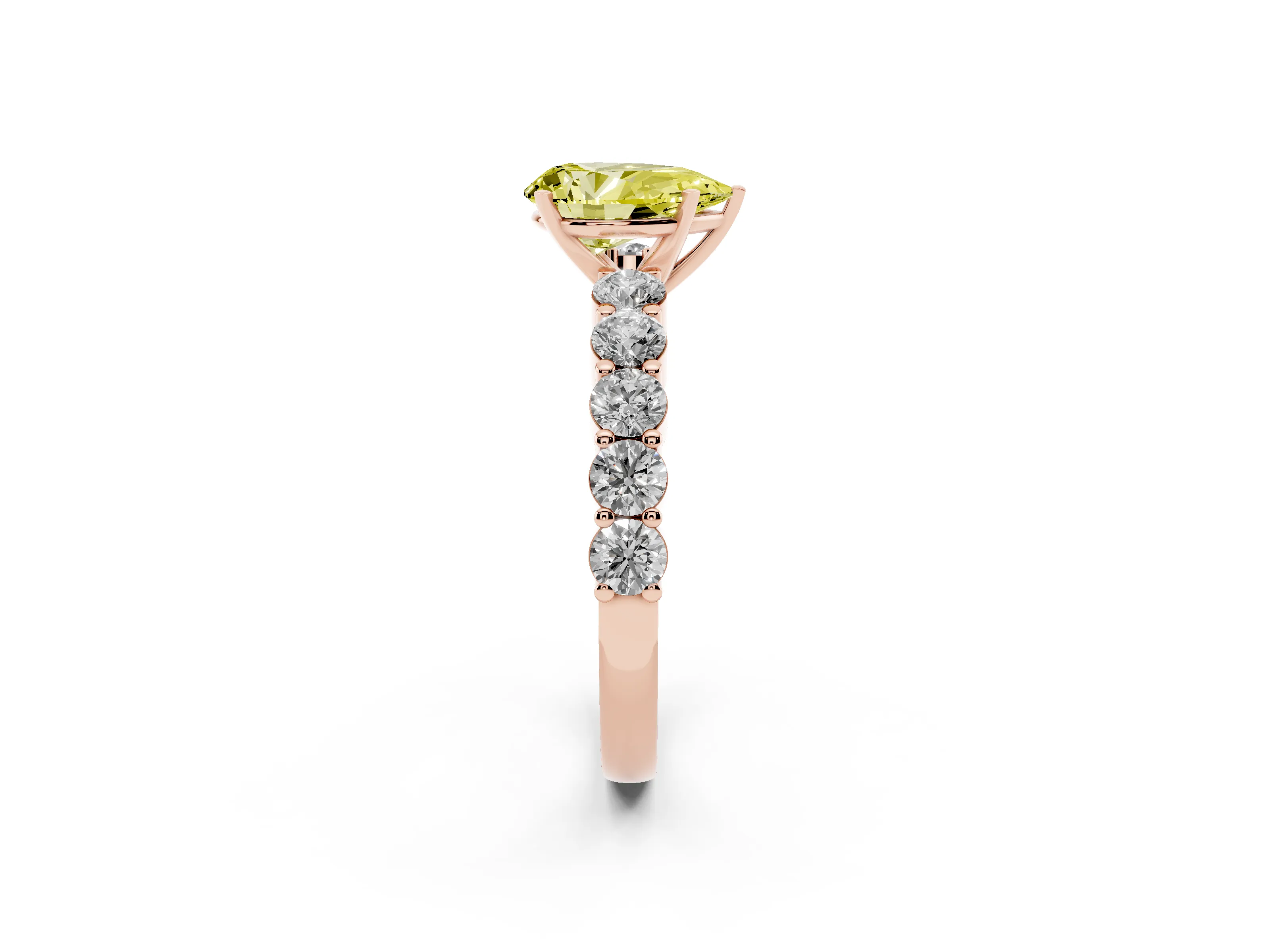 Fancy Yellow Pear Cut Diamond Solitaire Ring Set in Rose gold with Shared Prong Round Side Stones