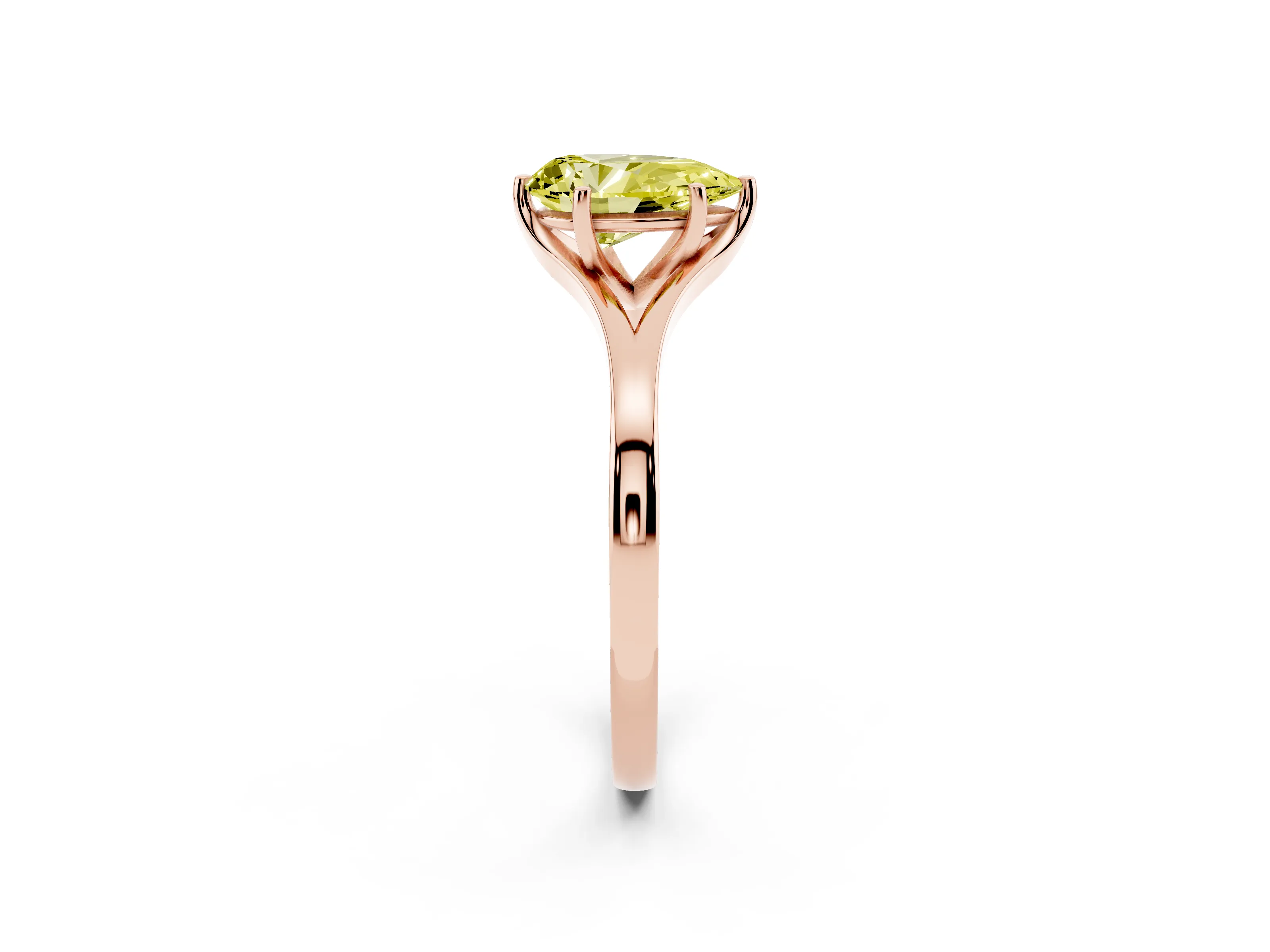 Fancy Yellow Pear Cut Diamond Solitaire Ring Set in Rose gold with Polished Tapered Band and Prong Setting