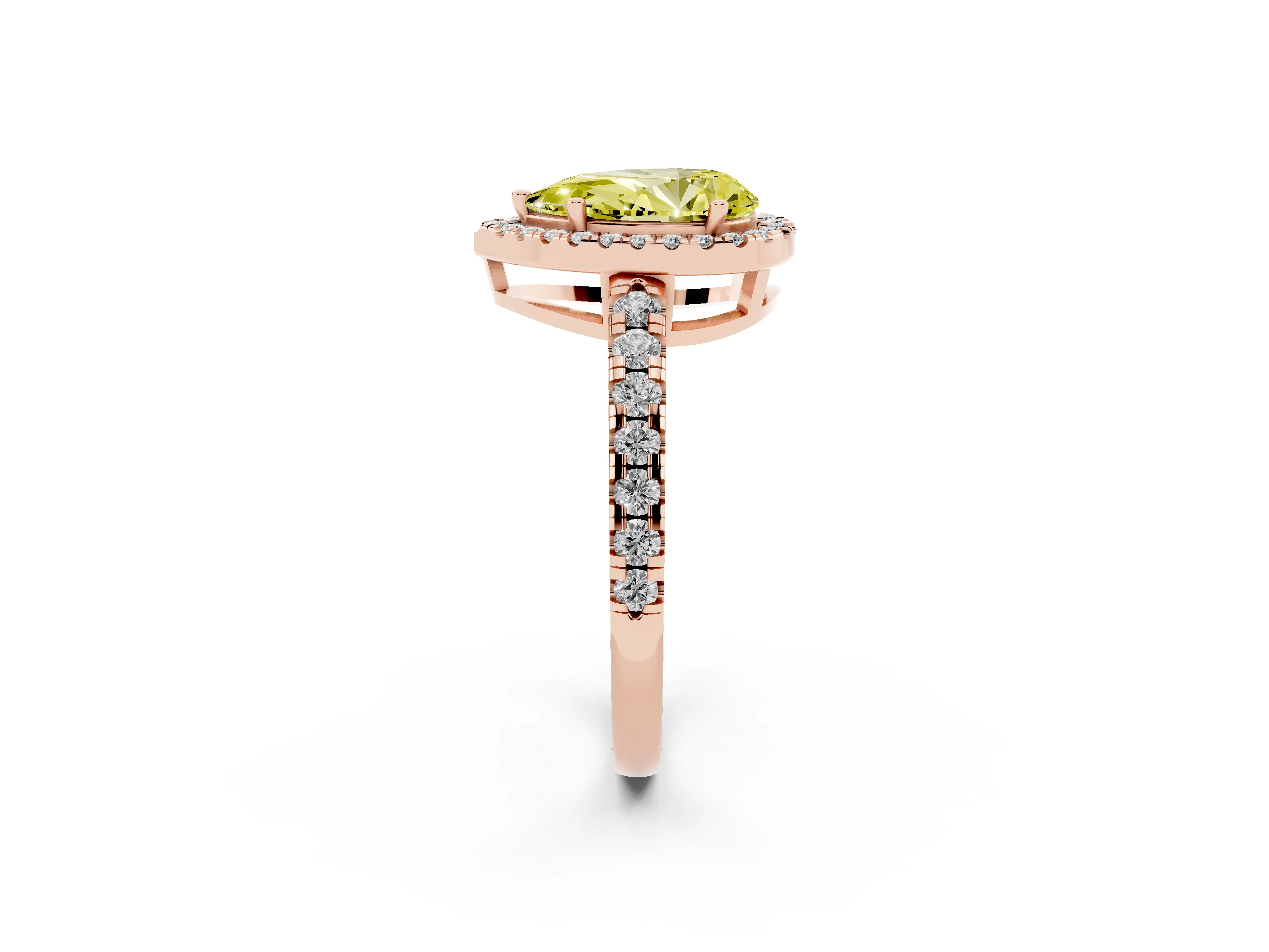 Fancy Yellow Pear Cut Diamond Halo Ring Set in Rose gold with Delicate Pavé Band and Prong Setting