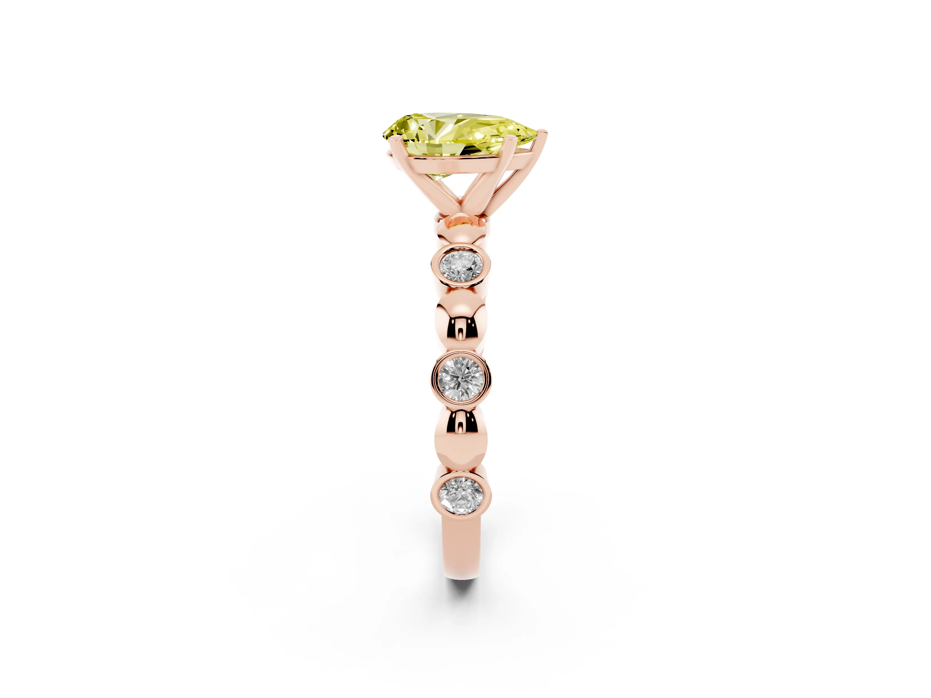 Fancy Yellow Pear Cut Diamond Solitaire Ring Set in Rose gold with Bezel-Set Accents on Beaded Band and Prong Setting