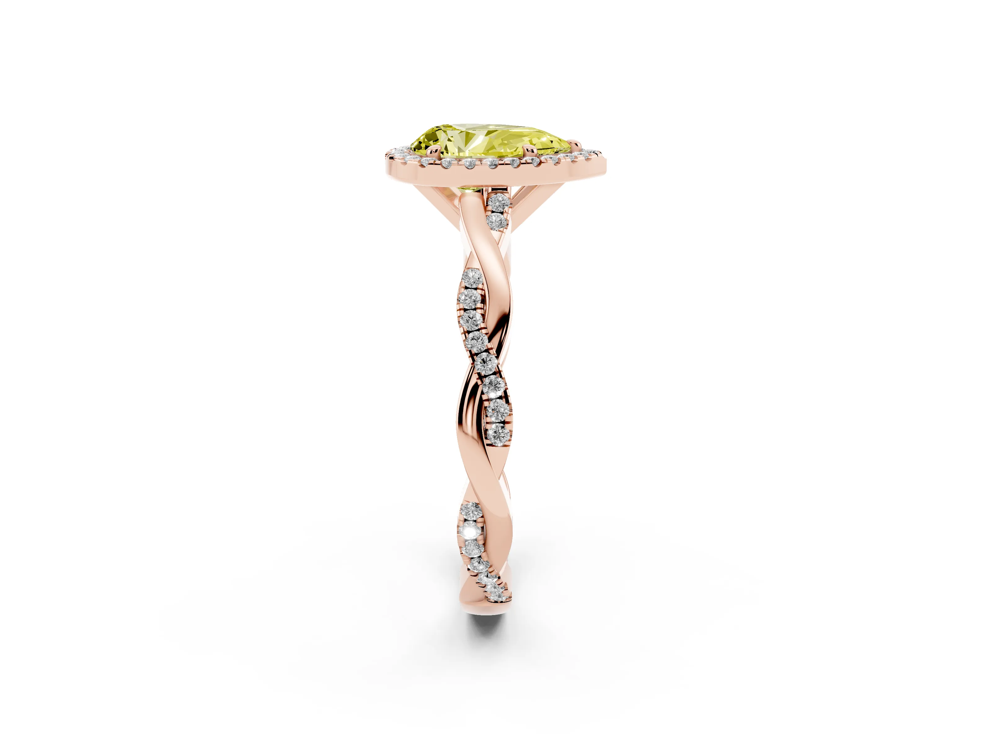Fancy Yellow Pear Cut Diamond Halo Twisted Band Ring Set in Rose gold with Prong Setting