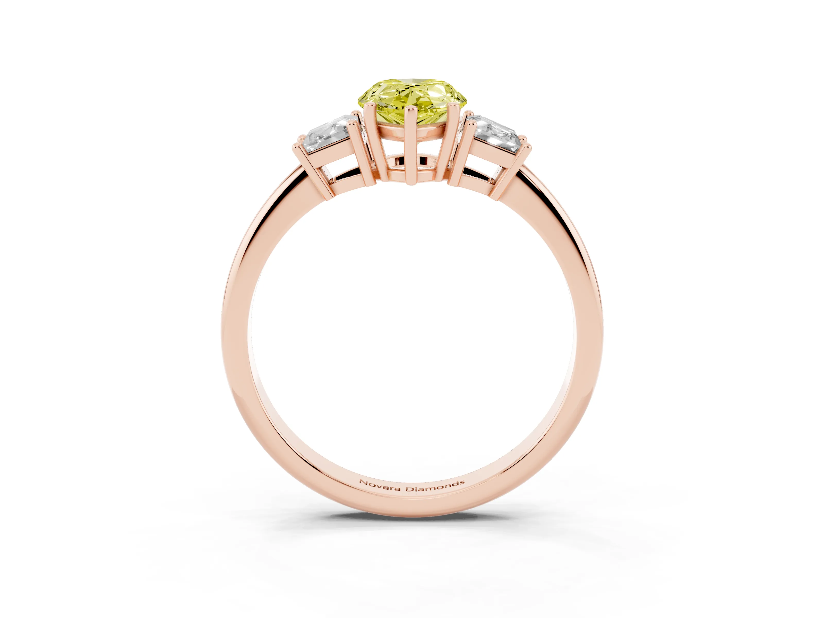 Fancy Yellow Pear Cut Diamond Three-Stone Ring Set in Rose gold with Trapezoid Side Stones and Prong Setting