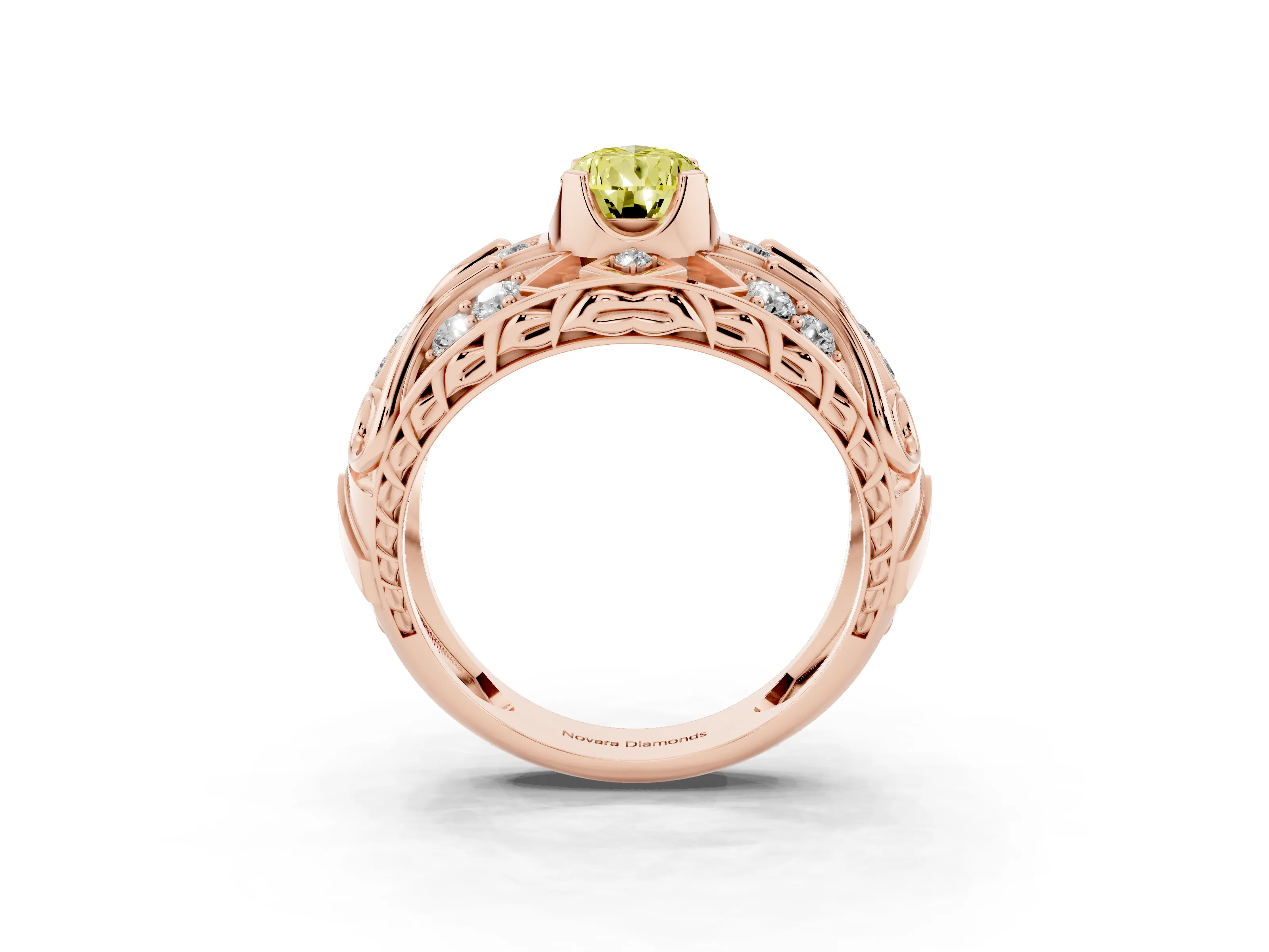 Fancy Yellow Pear Cut Diamond Art Deco Ring Set in Rose gold with Pavé Split Shank