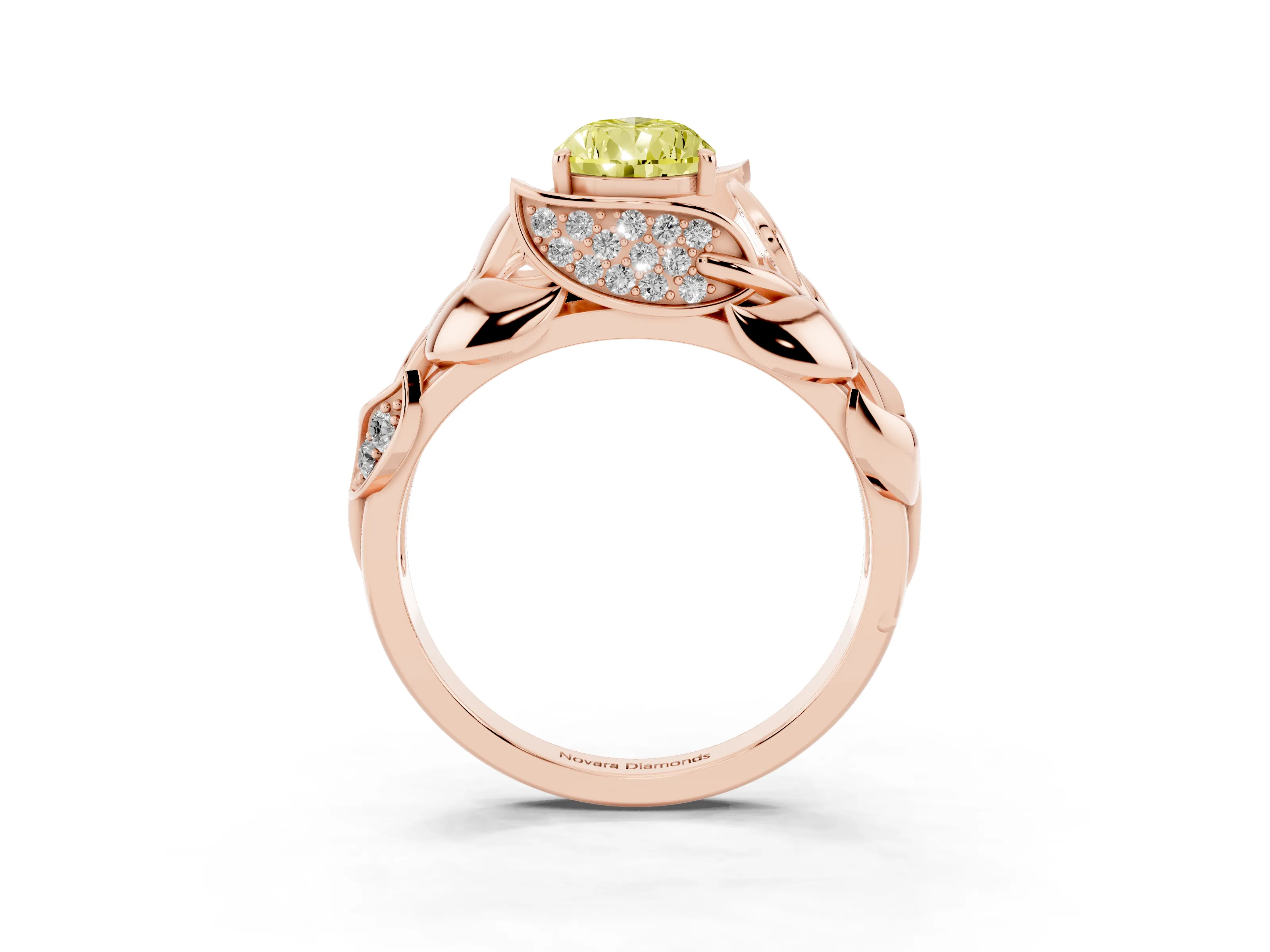 Fancy Yellow Pear Cut Diamond Leaf-Inspired Engagement Ring Set in Rose gold with Round Accents