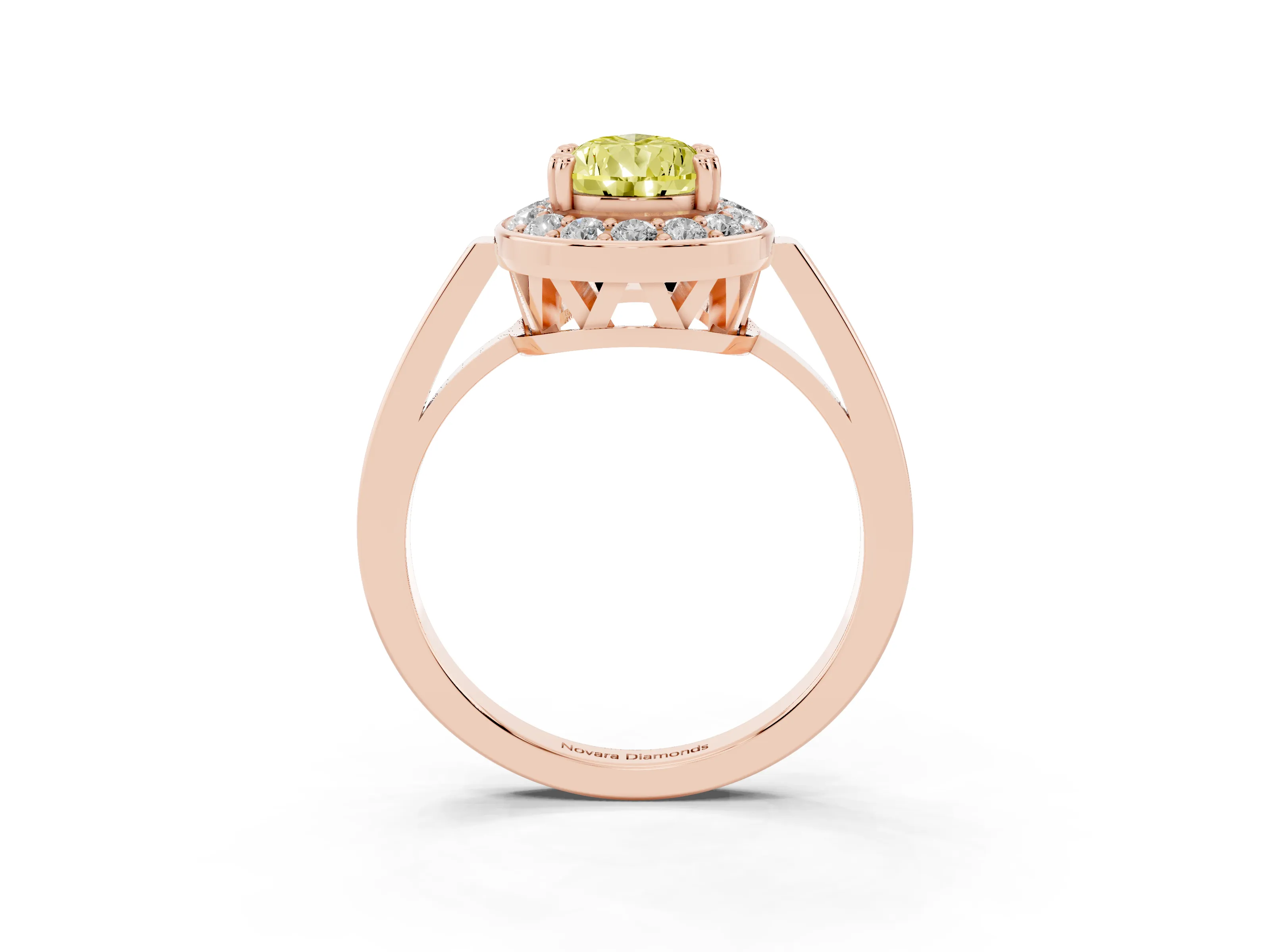 Fancy Yellow Pear Cut Diamond Halo Ring Set in Rose gold with Accent-Lined Split Shank and Prong Setting
