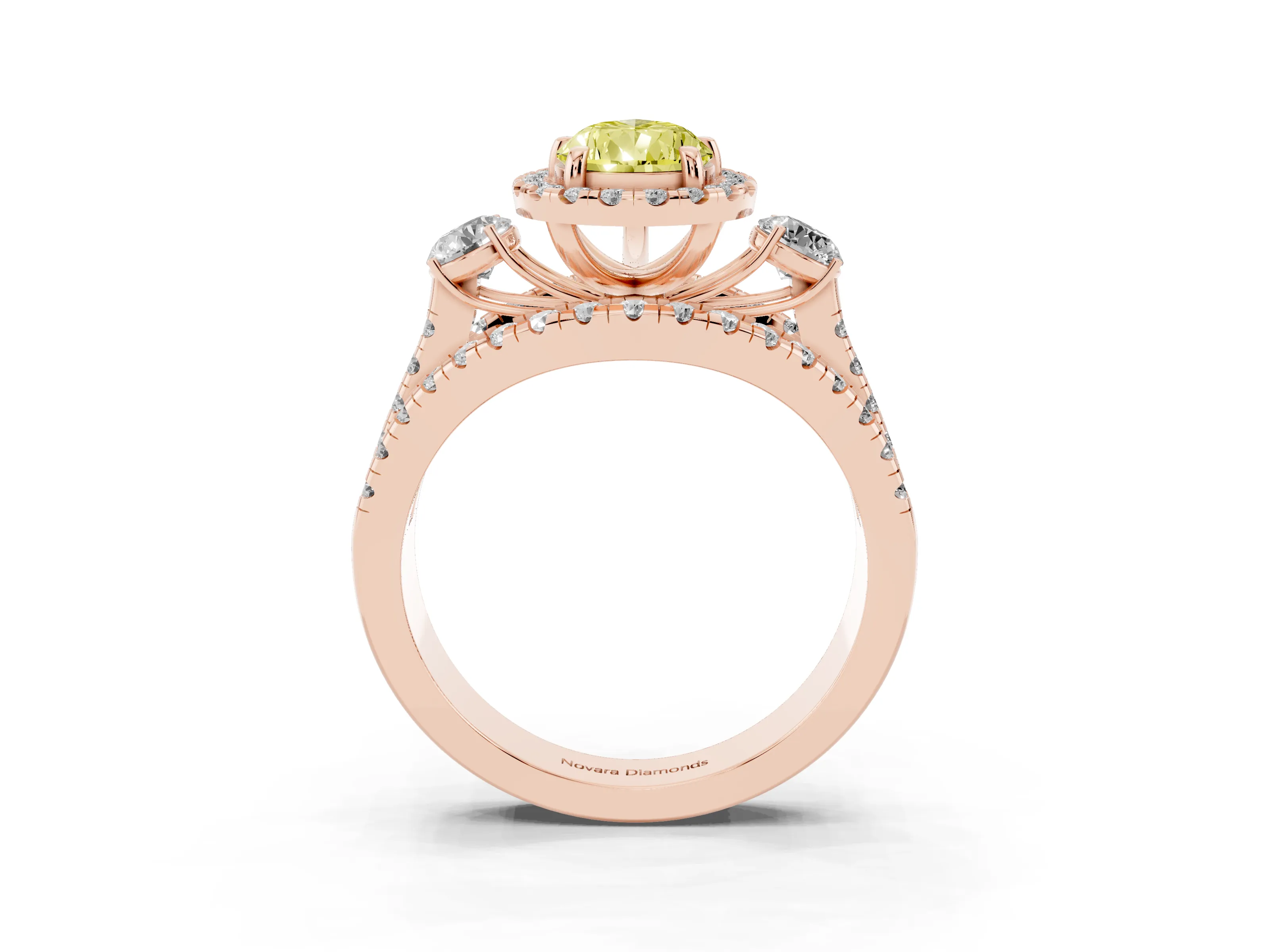 Fancy Yellow Pear Cut Diamond Halo Split Shank Ring Set in Rose gold with Round Accent Stones and Prong Setting