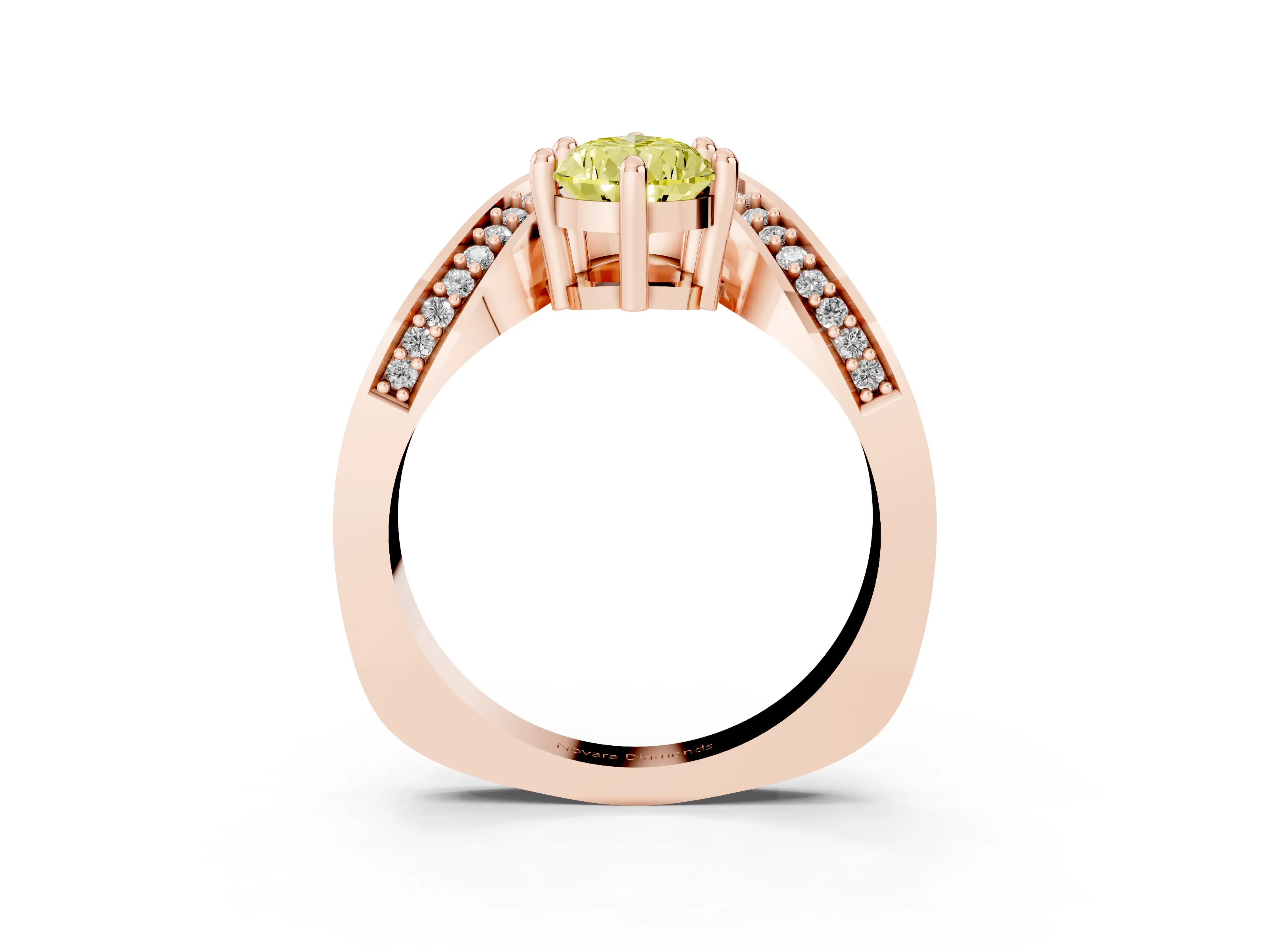 Fancy Yellow Pear Cut Diamond Solitaire Engagement Ring Set in Rose gold with Pavé Shoulders